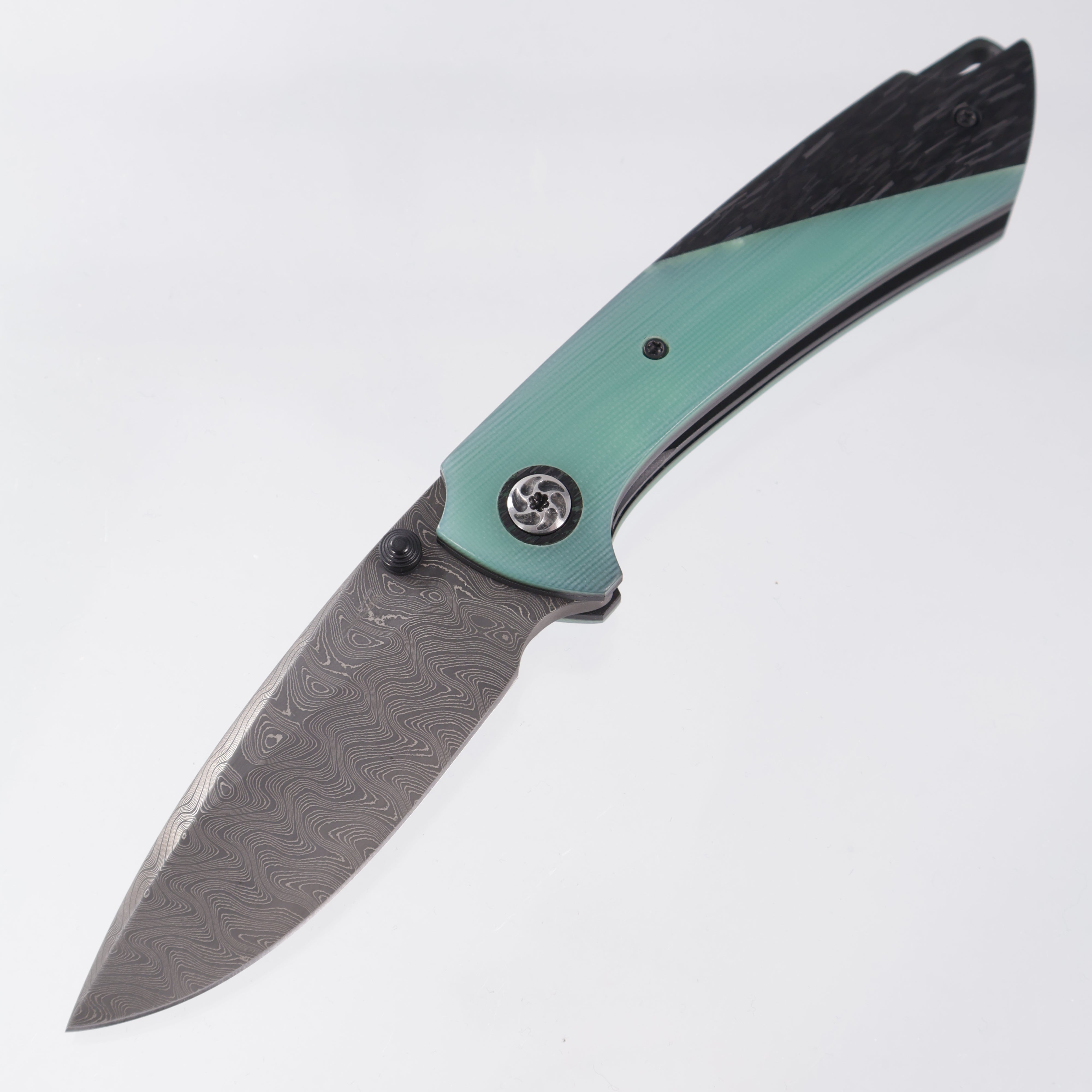 Melvin Lozada Apollo 3.5" - Emerald G10 / Black Glass / Shredded Carbon Scales w/ Zirconium Clip - Mike Norris Damascus Blade