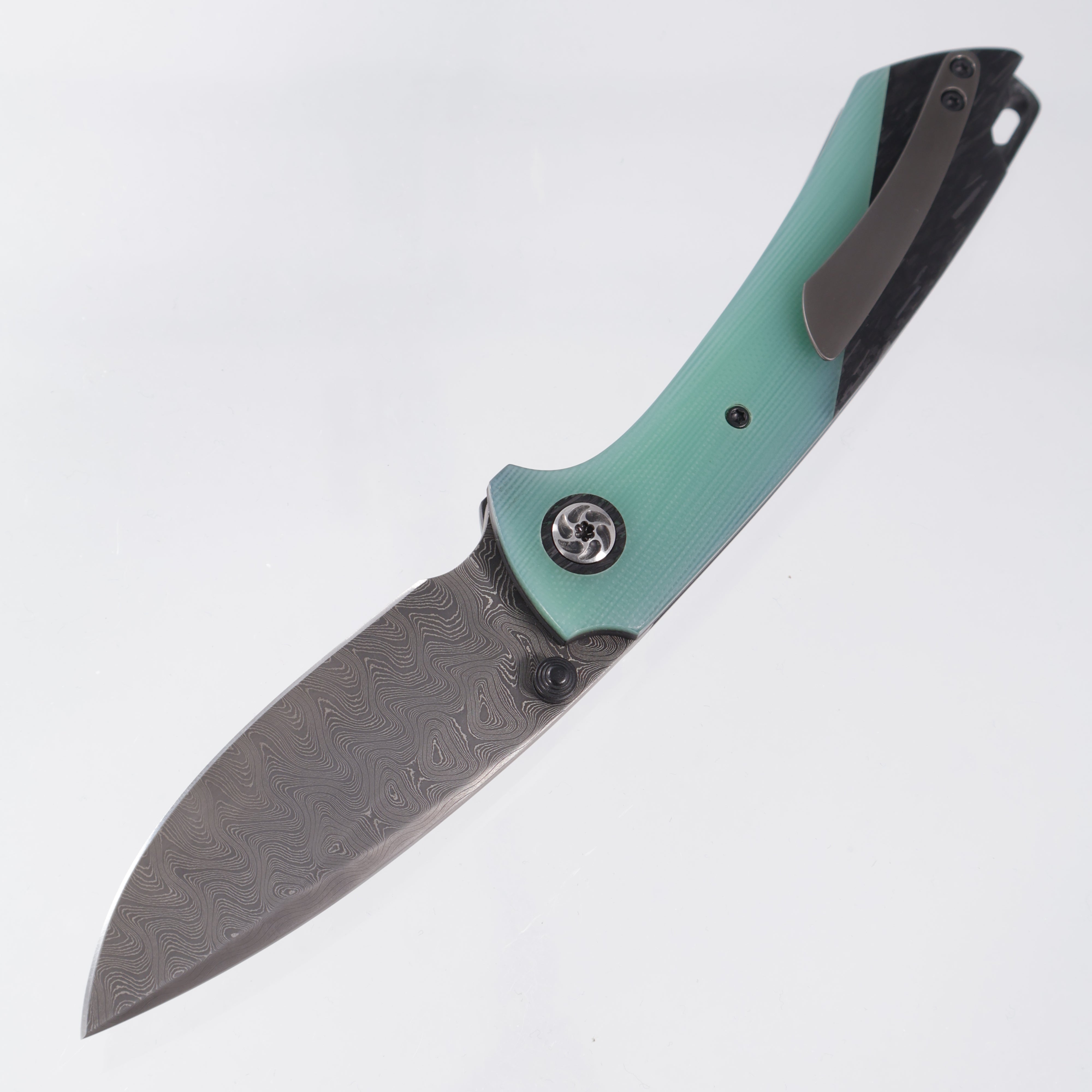 Melvin Lozada Apollo 3.5" - Emerald G10 / Black Glass / Shredded Carbon Scales w/ Zirconium Clip - Mike Norris Damascus Blade