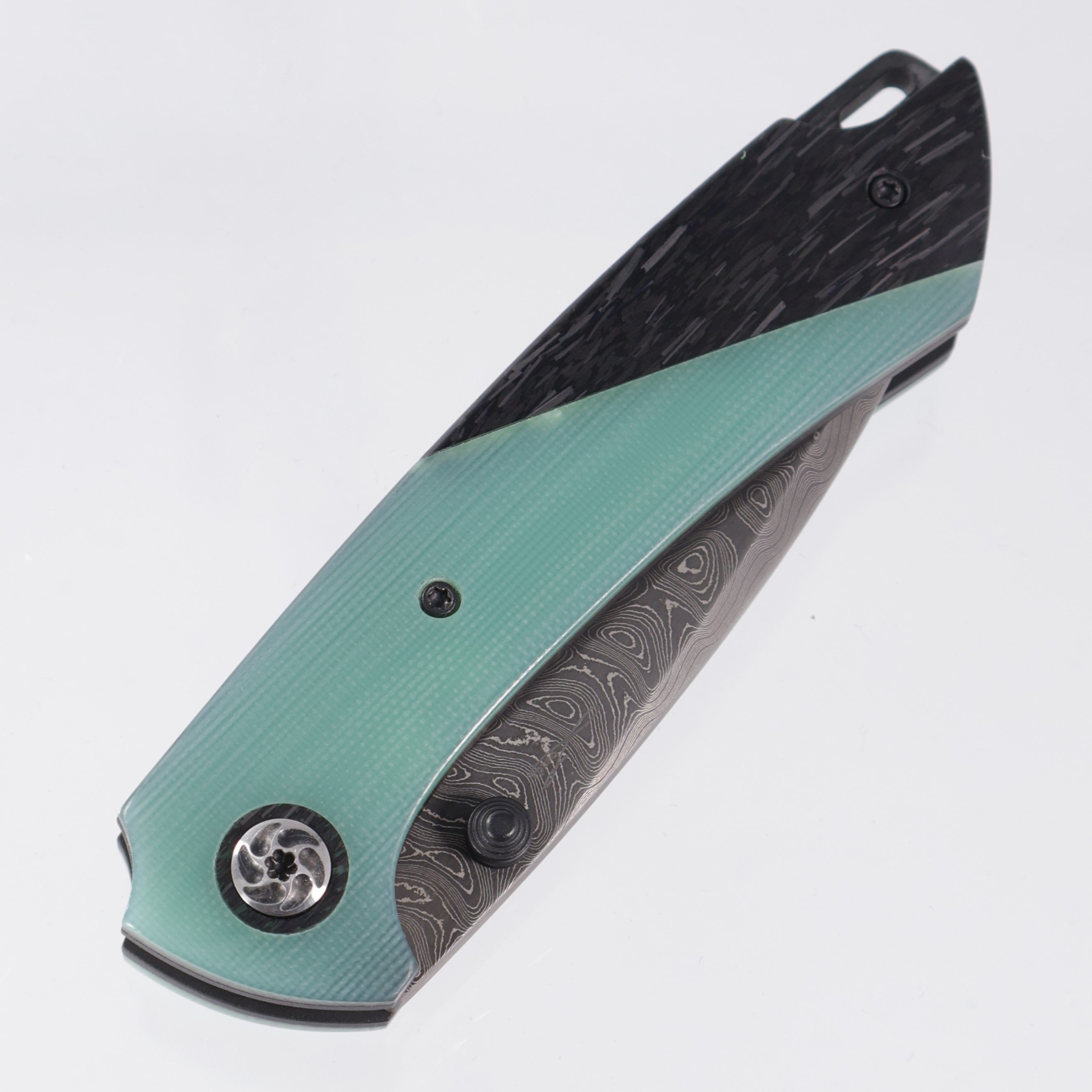 Melvin Lozada Apollo 3.5" - Emerald G10 / Black Glass / Shredded Carbon Scales w/ Zirconium Clip - Mike Norris Damascus Blade