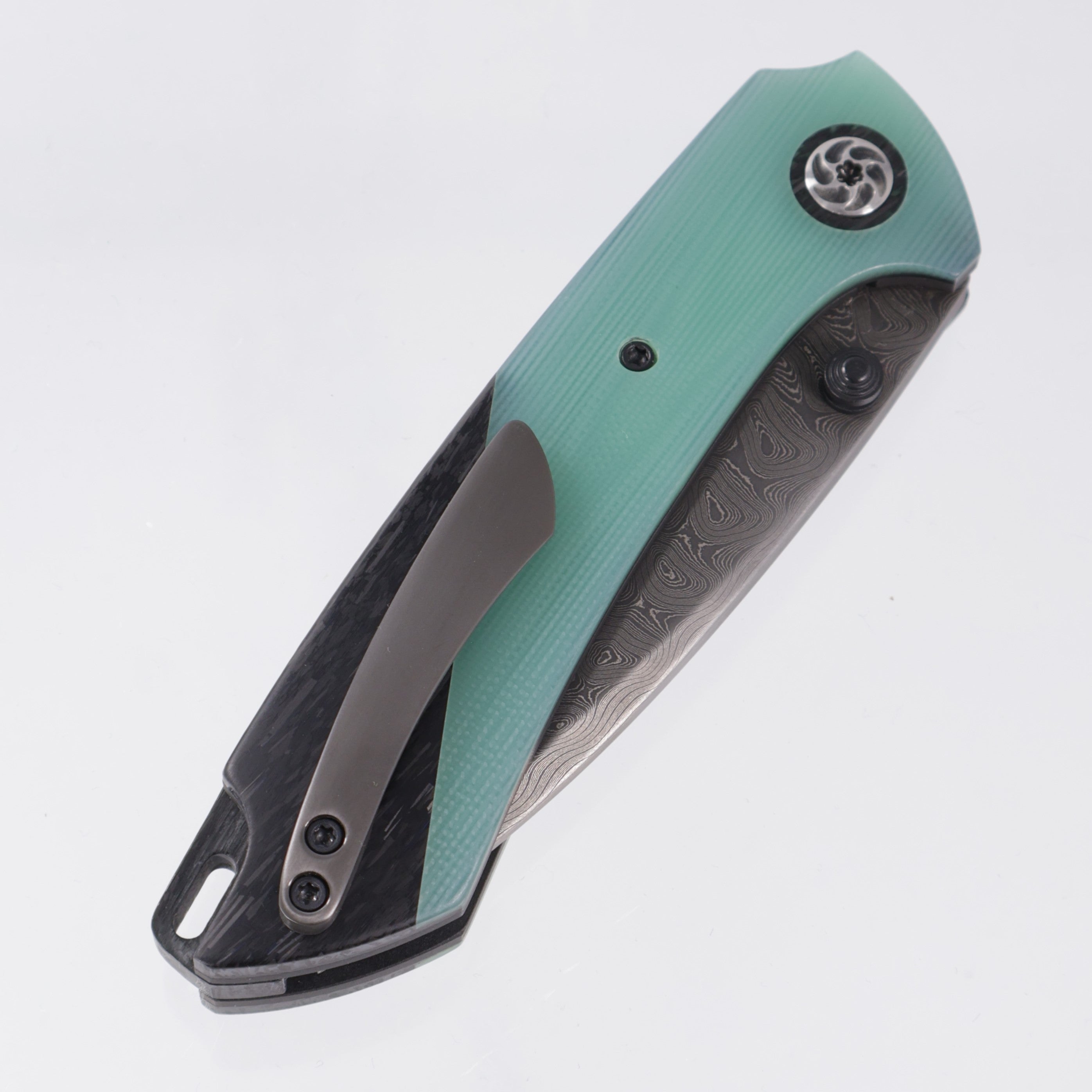 Melvin Lozada Apollo 3.5" - Emerald G10 / Black Glass / Shredded Carbon Scales w/ Zirconium Clip - Mike Norris Damascus Blade