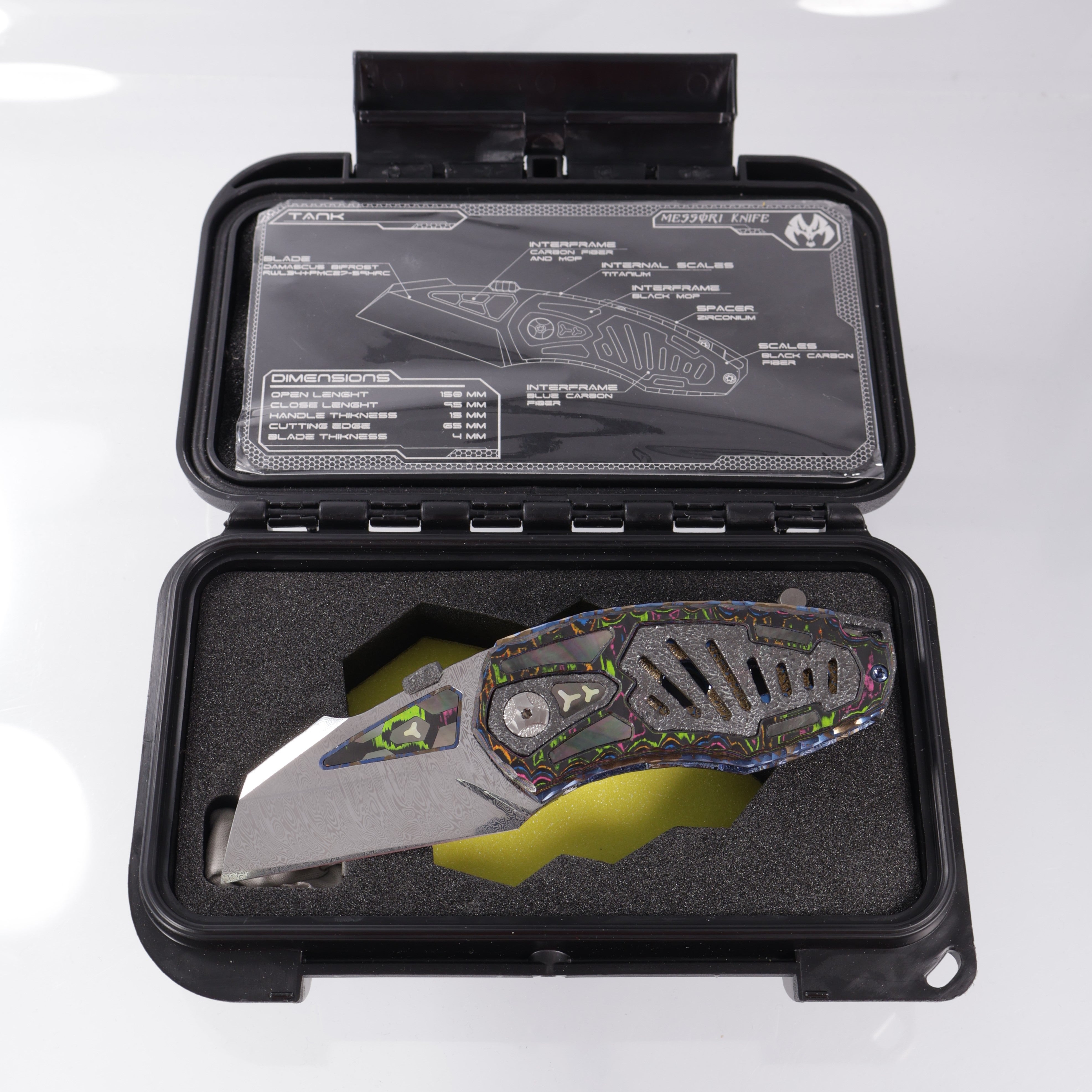 Manuele Messori Tank Custom - Damasteel Bifrost - 80s Camo Carbon Scales - Zirconium / Black Lip Pearl Interframe - Anodized Titanium Internal Scales - BROP Exclusive