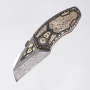 Manuele Messori Tank Custom - Damasteel Bifrost - Gold Camo Fat Carbon Scales - Mokume / Zirconium / Gold Pearl Interframe - Anodized Titanium Internal Scales