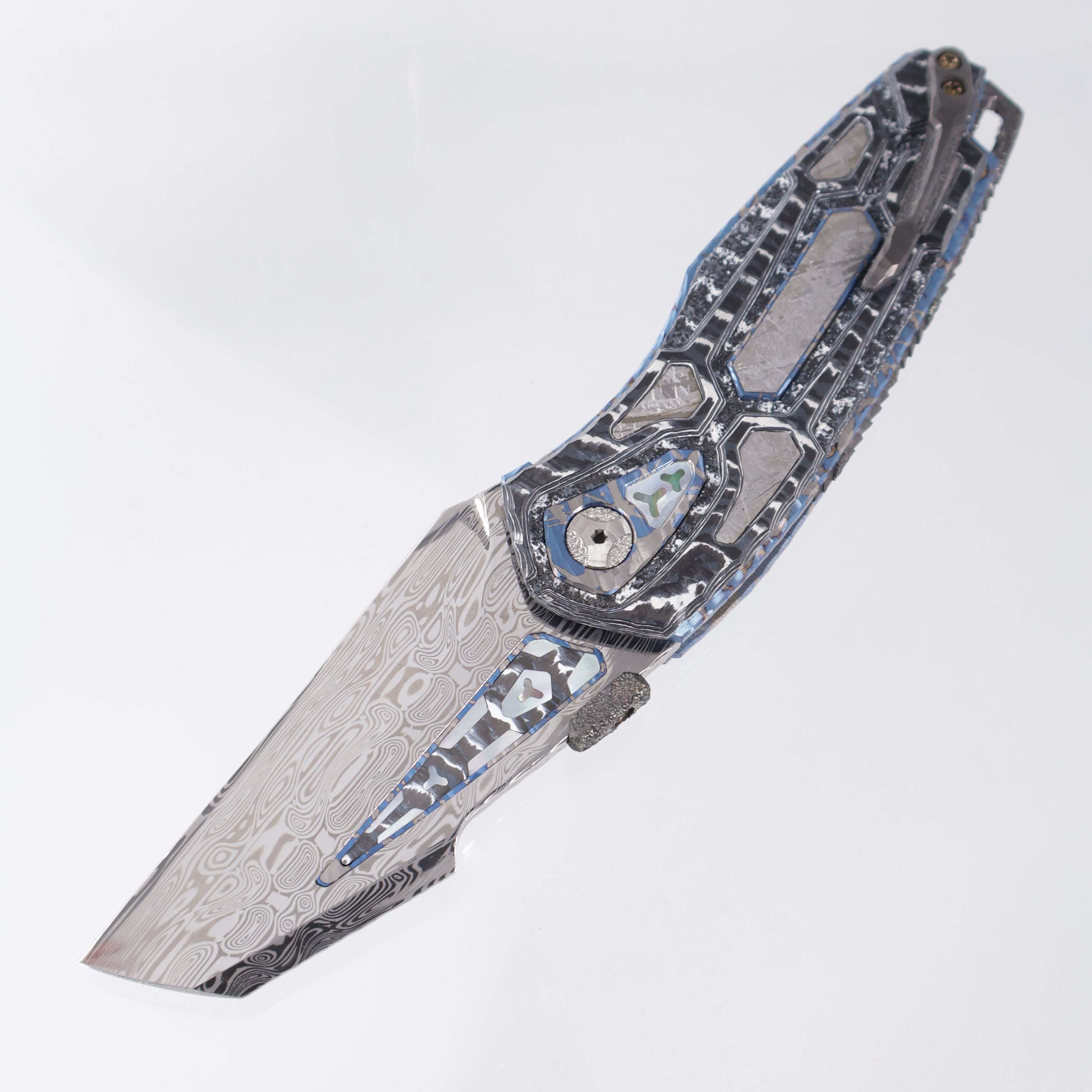 Manuele Messori Hybris Mandalorian Custom - Damasteel Draupner - White Storm Fat Carbon Scales - Gibeon Meteorite / Zirconium / White Pearl Interframe - Anodized Titanium Internal Scales
