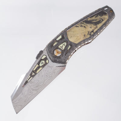 Manuele Messori Hybris Dragon Custom - Damasteel Grabak - Zirconium Scales - Gold Pearl Inlay Engraved by Luca Roccaforte - Zirconium / Gold Pearl Interframe - Anodized Titanium Internal Scales