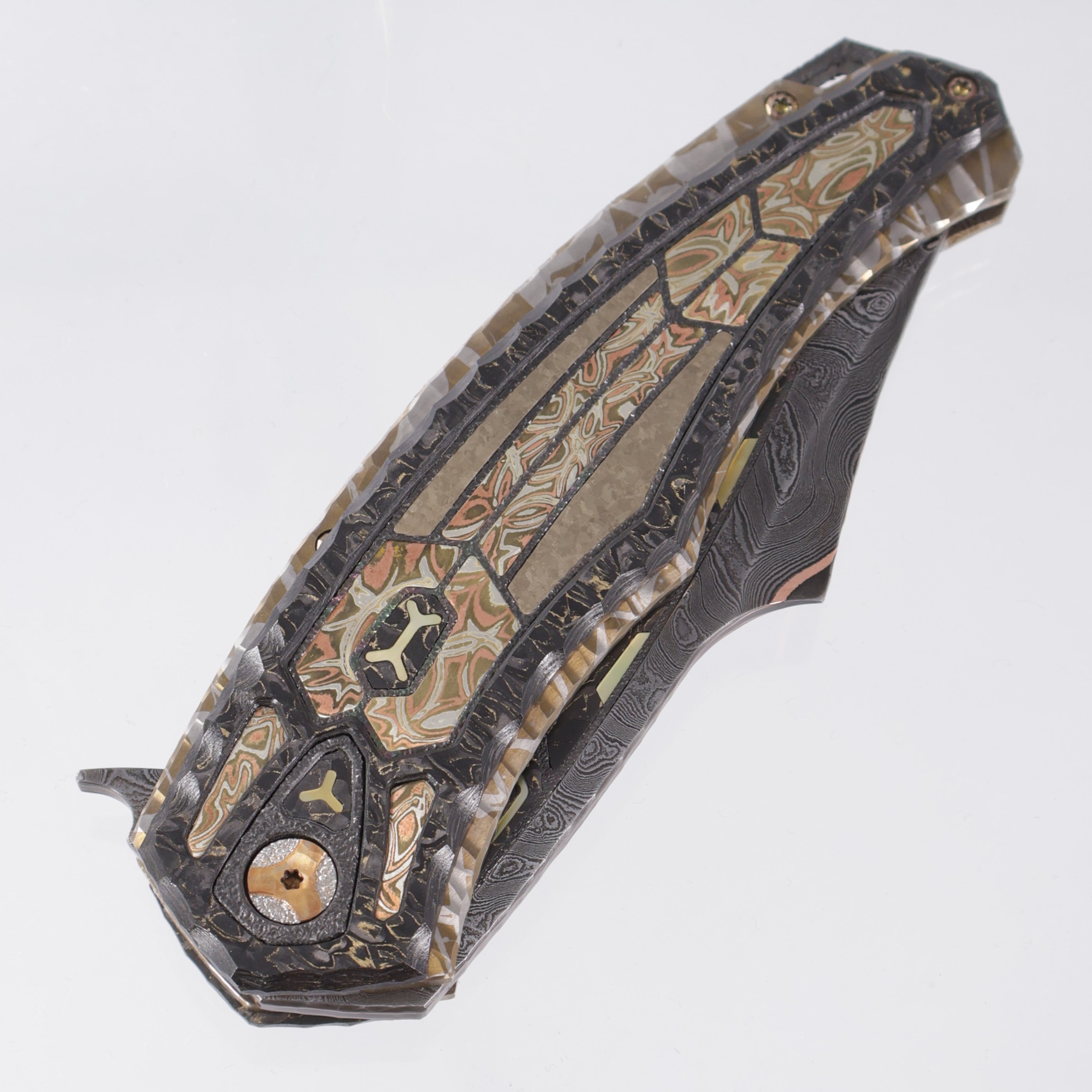 Manuele Messori Quinto Elemento Custom - Baker Forge Ripple GoMai - Mokume / Crystal Ti / Zirconium / Gold Pearl Interframe - Anodized Titanium Internal Scales