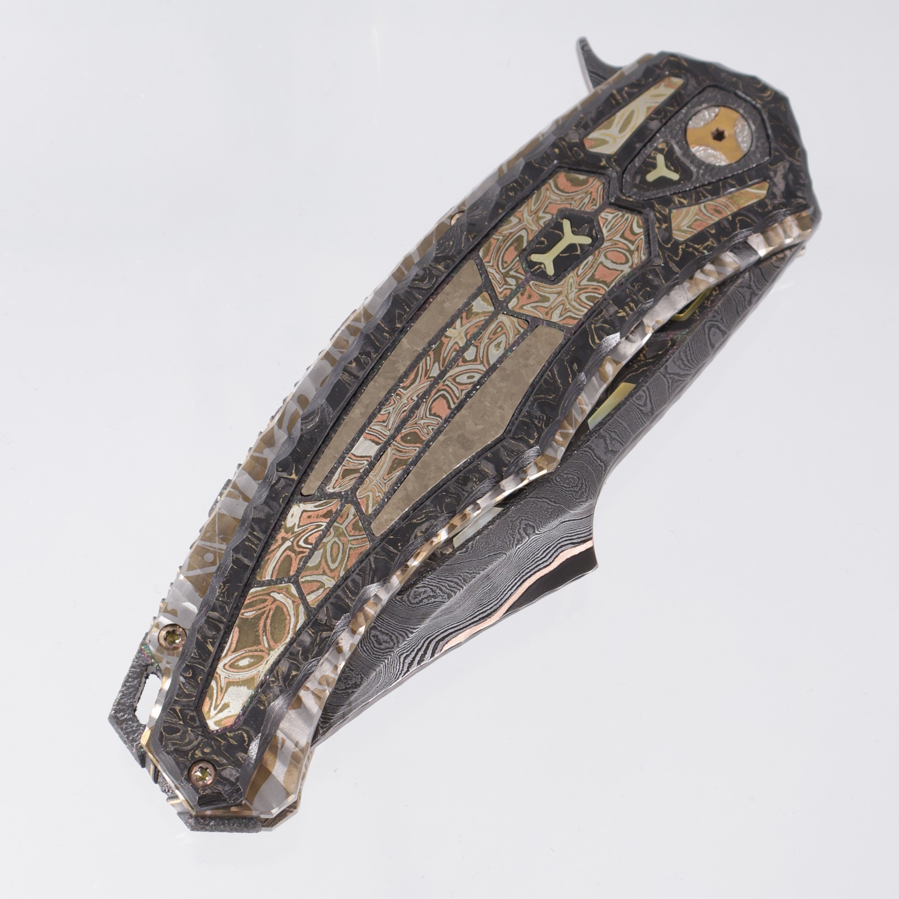Manuele Messori Quinto Elemento Custom - Baker Forge Ripple GoMai - Mokume / Crystal Ti / Zirconium / Gold Pearl Interframe - Anodized Titanium Internal Scales