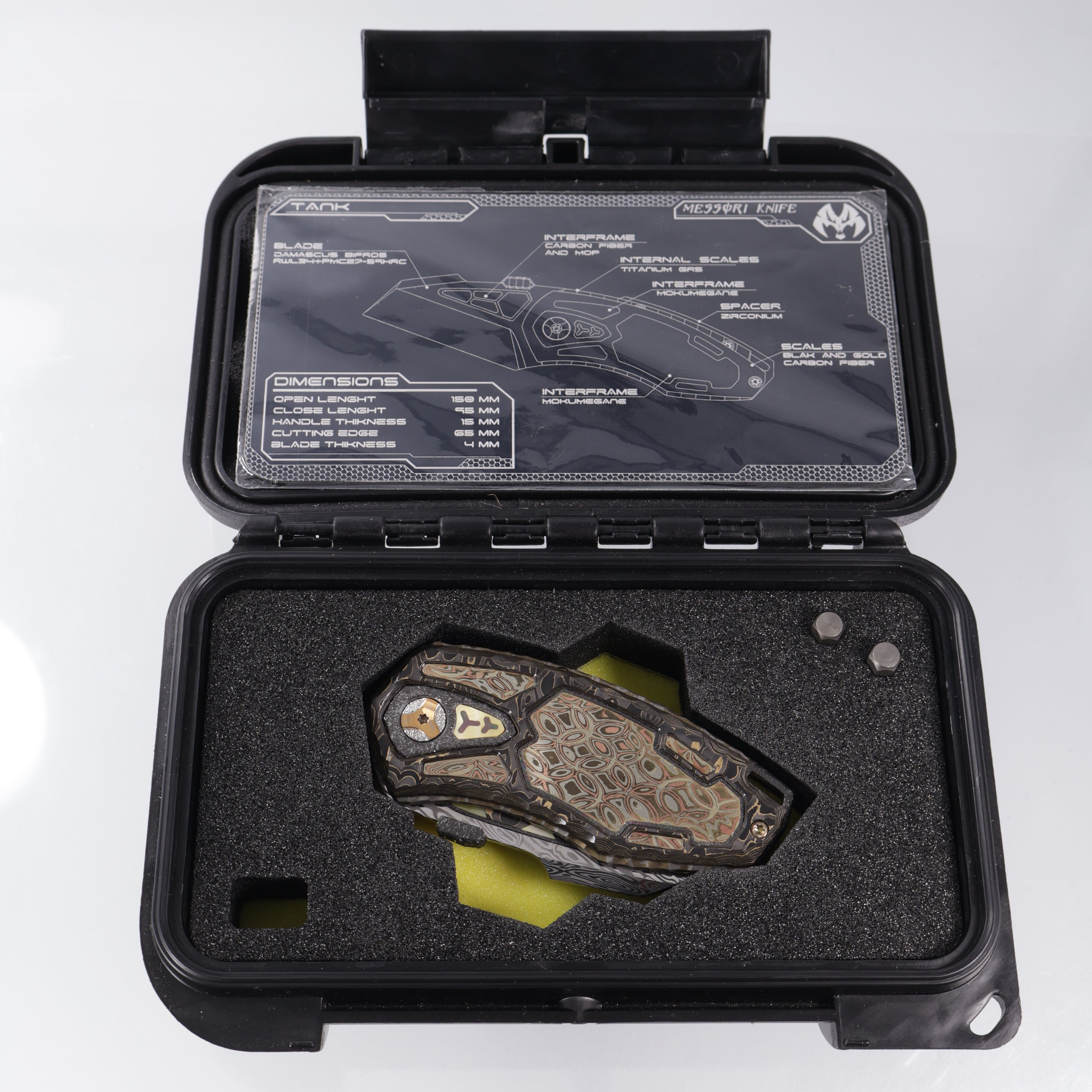 Manuele Messori Tank Custom - Damasteel Bifrost - Gold Camo Fat Carbon Scales - Mokume / Zirconium / Gold Pearl Interframe - Anodized Titanium Internal Scales