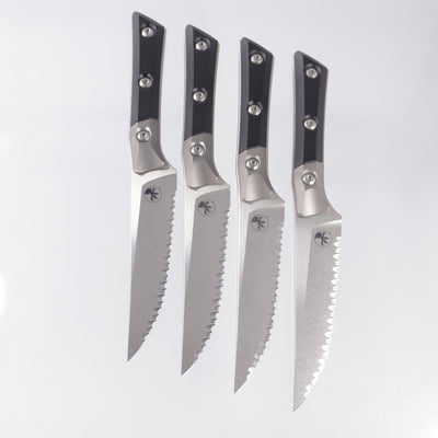 Microtech 4 Piece Steak Knife Set - Black G10 w/ Beadblast Titanium Bolster - Stonewash Full Serrate M390MK - 3600B-12SETBK
