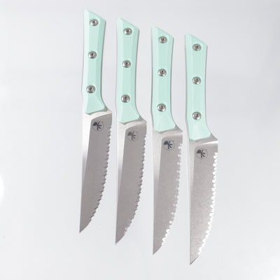 Microtech 4 Piece Steak Knife Set - Carribean Blue G10 - Stonewash Full Serrate M390MK - 3600-12SETCA