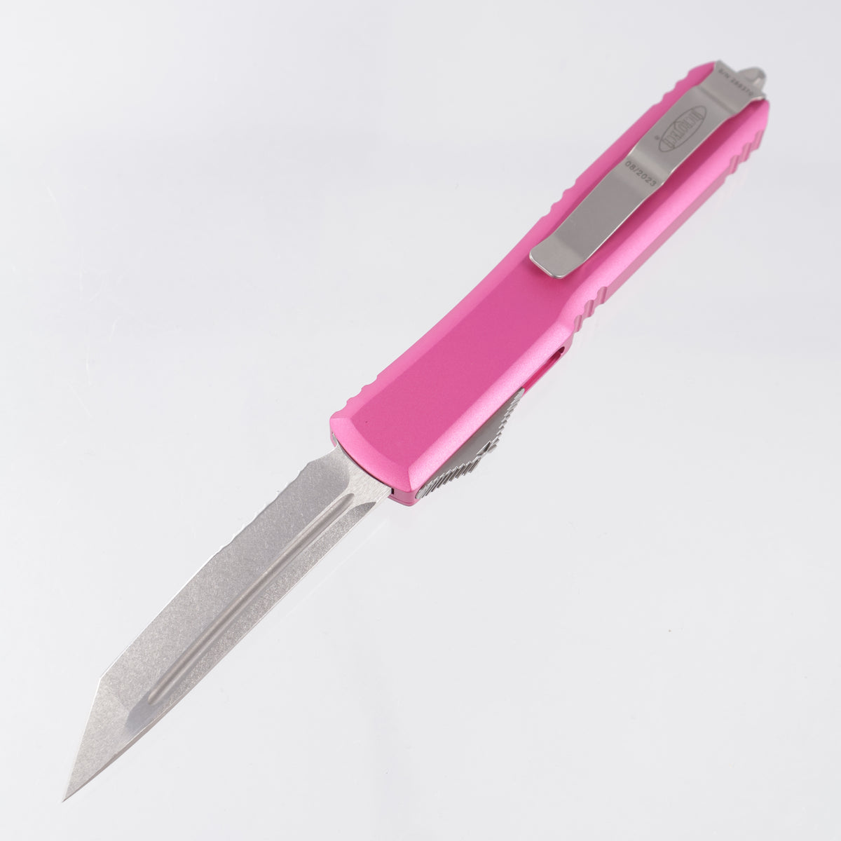 Microtech Ultratech Tanto - M390 Stonewash, Partial Serrate - Pink Aluminum - 123-11 PK