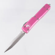Microtech Ultratech Double Edge - M390 Stonewash, Double Partial Serrate - Pink Aluminum - 122-11 PK