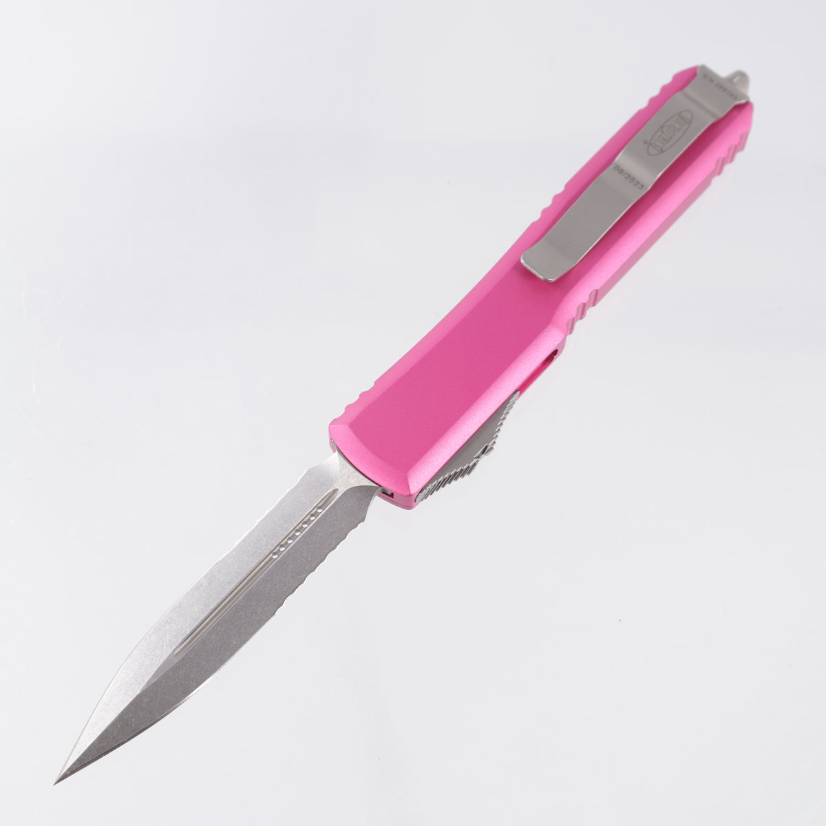 Microtech Ultratech Double Edge - M390 Stonewash, Double Partial Serrate - Pink Aluminum - 122-11 PK