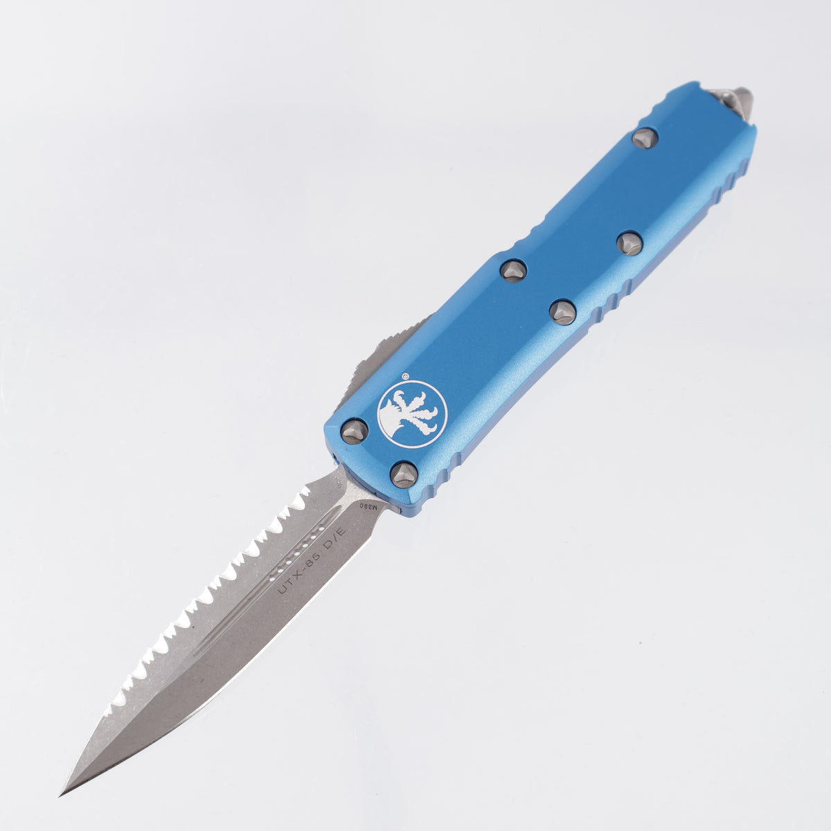 Microtech UTX-85 Double Edge - M390 Apocalyptic, Full Serrate - Blue Aluminum - 232-12 APBL