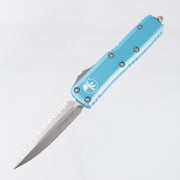 Microtech UTX-85 Double Edge - M390 Stonewash, Full Serrate - Turquoise Aluminum - 232-12 TQ