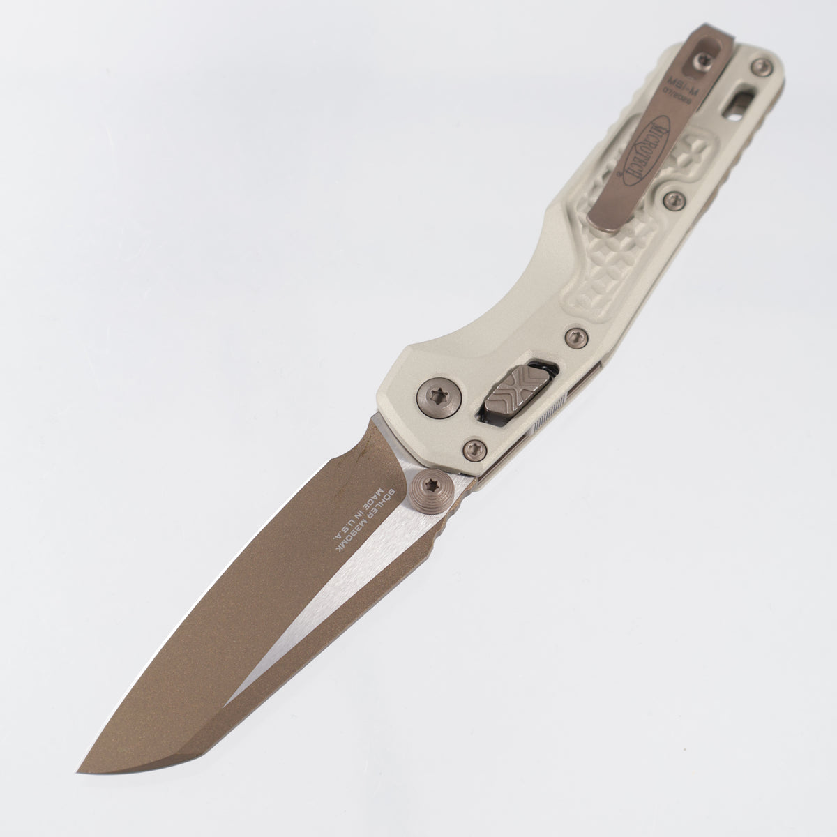 Microtech MSI Mini - Champagne Frag Aluminum w/ Bronze Apocalyptic Accents - Gold Standard M390MK - 210M-1 FRCG-C19Z23