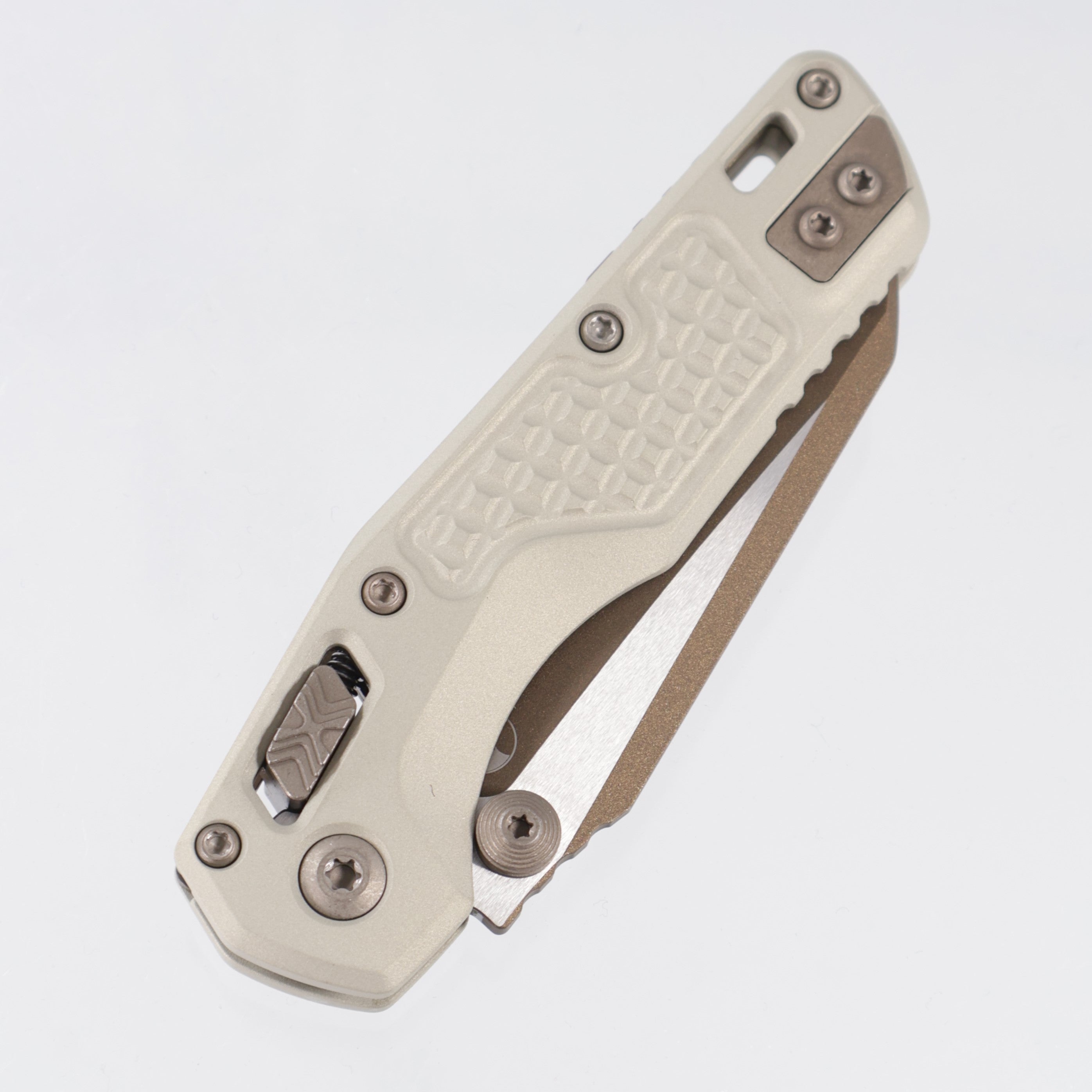 Microtech MSI Mini - Champagne Frag Aluminum w/ Bronze Apocalyptic Accents - Gold Standard M390MK - 210M-1 FRCG-C19Z23