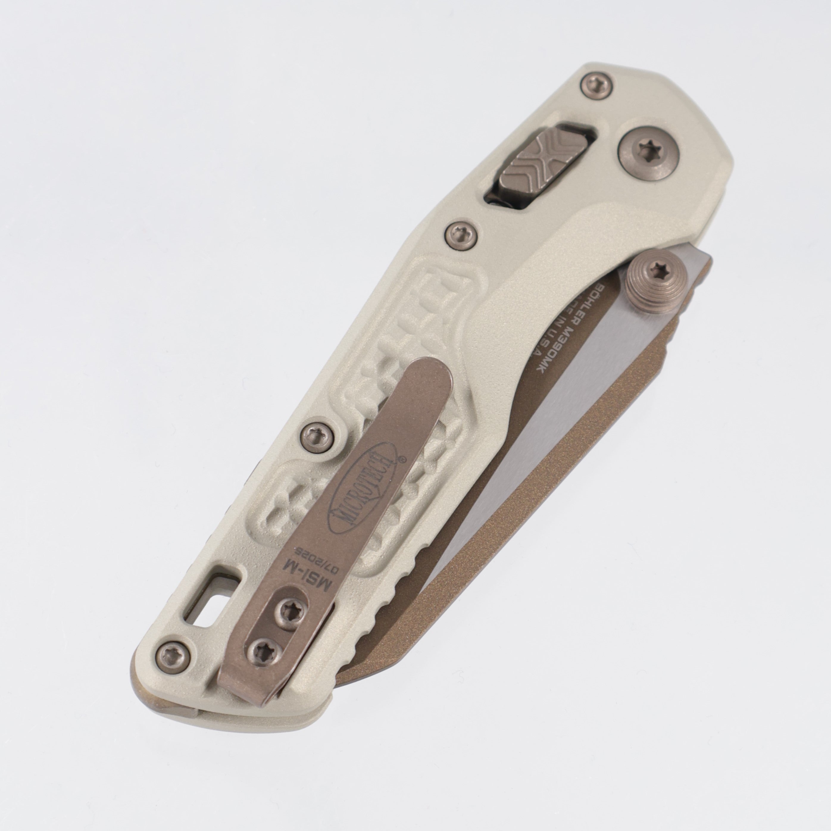 Microtech MSI Mini - Champagne Frag Aluminum w/ Bronze Apocalyptic Accents - Gold Standard M390MK - 210M-1 FRCG-C19Z23