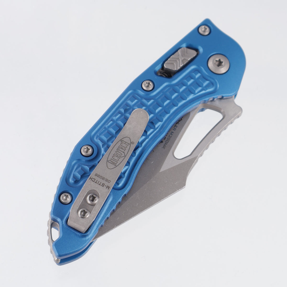Microtech Stitch Mini Ram-Lok - Blue Frag Aluminum - Apocalyptic M390MK - 169MRL-10 APFRBL