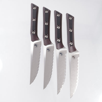 Microtech 4 Piece Steak Knife Set - Black Cherry G10 - Stonewash Full Serrate M390MK - 3600B-12SETBC