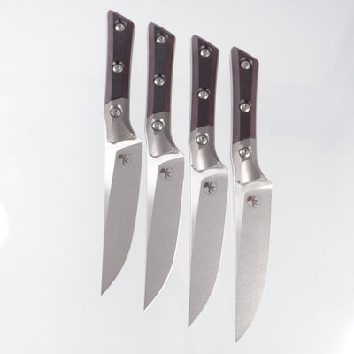 Microtech 4 Piece Steak Knife Set - Black Cherry G10 w/ Beadblast Titanium Bolsters - Stonewash M390MK - 3600B-10SETBC