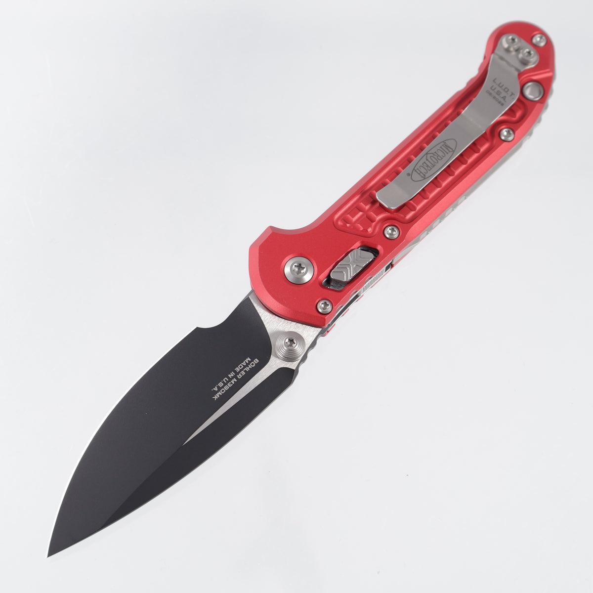 Microtech LUDT Ram-Lok Single Edge - Red Frag Aluminum - Black Standard M390MK - 1135RL-1 FRRD