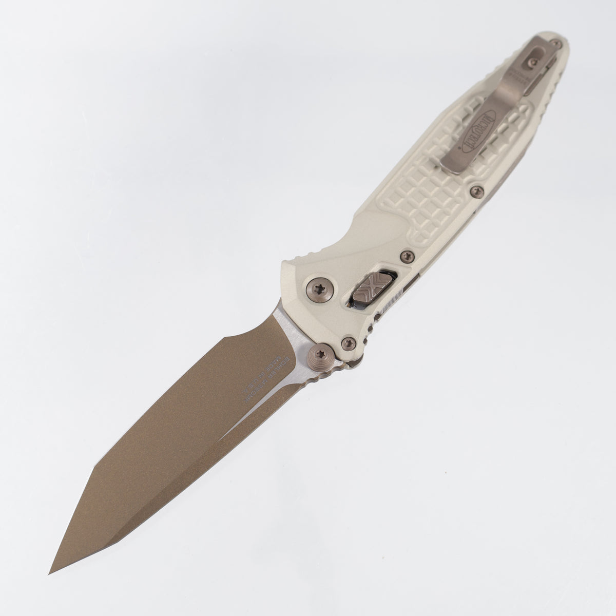 Microtech Socom Elite Ram-Lok Tanto - Champagne Frag Aluminum w/ Bronze Apocalytic Accents - Gold Standard M390MK - 161RL-1 FRCG-C19Z23