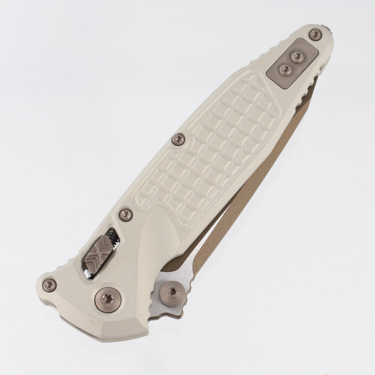 Microtech Socom Elite Ram-Lok Tanto - Champagne Frag Aluminum w/ Bronze Apocalytic Accents - Gold Standard M390MK - 161RL-1 FRCG-C19Z23