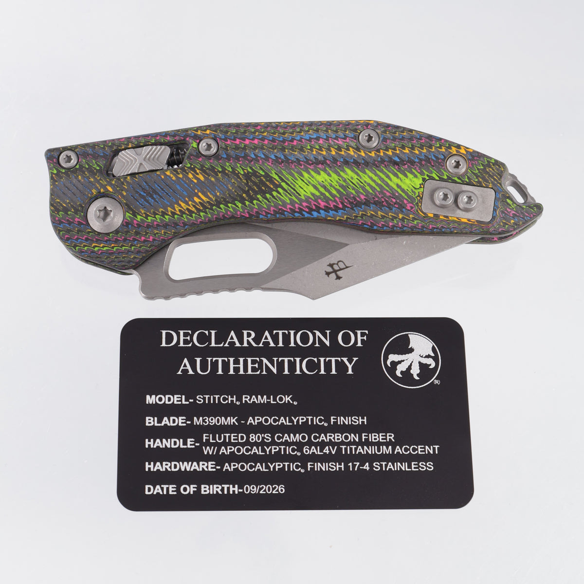 Microtech Marfione Select Stitch Ram-Lok - Fluted 80s Camo Carbon w/ Apocalyptic Accents - Apocalyptic M390MK - 169RL-10APFLMSBROP - BROP Exclusive