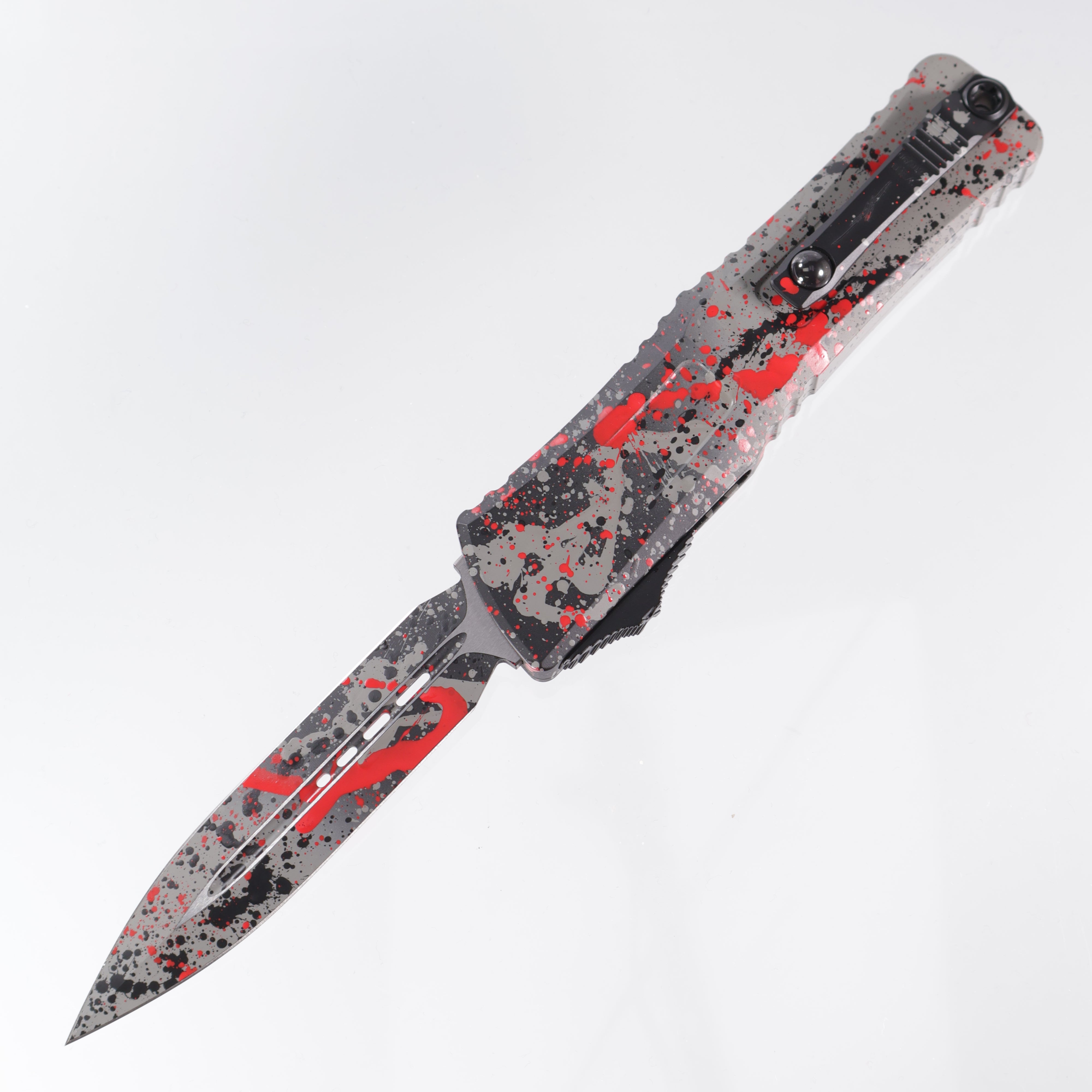 Microtech Combat Troodon Gen3 - M390MK Double Edge - Bull Shark Gray w/ Black & Red Splatter - Gen III - 1142-1 BGBK RDSPLS