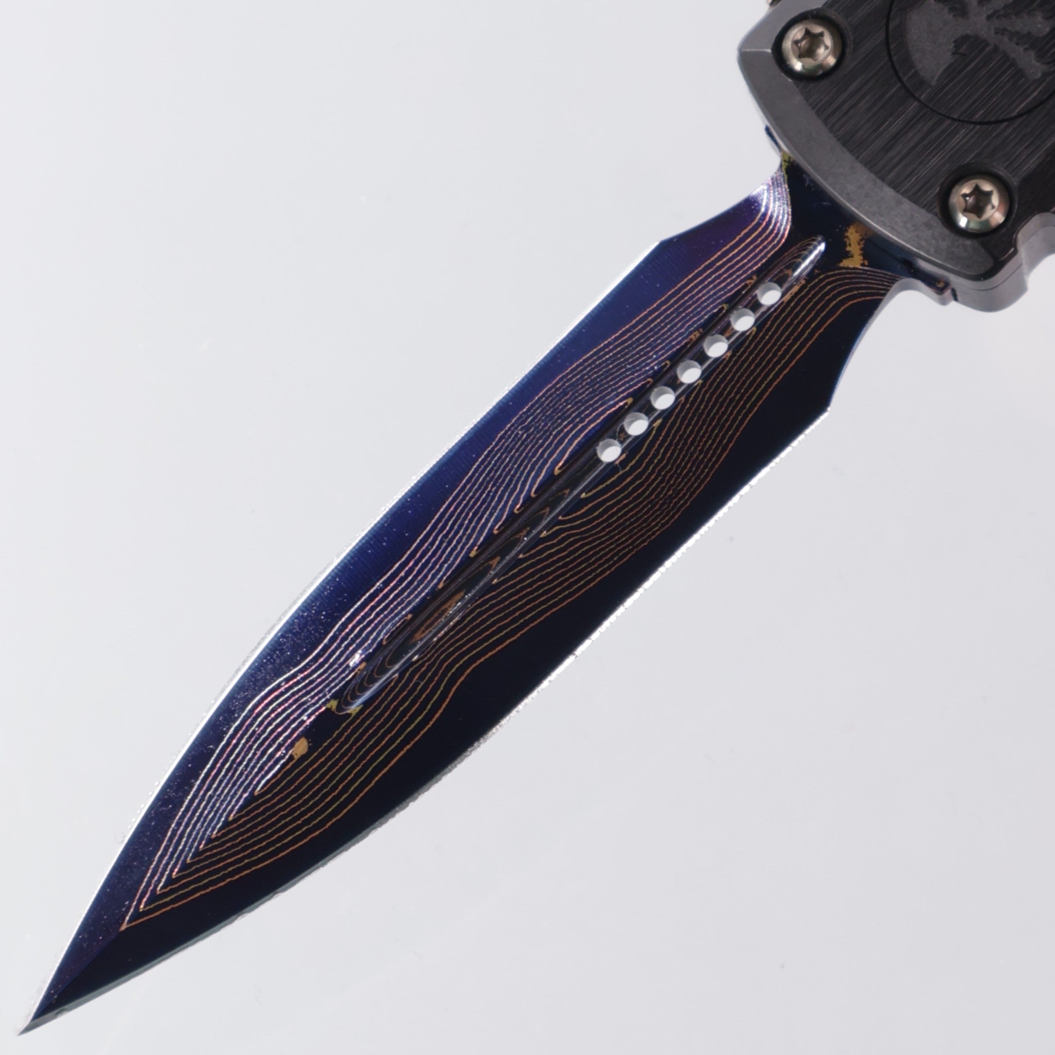 Microtech UTX-85 Gen 3 - Blued Baker Forge Damascus & Hefted Black Handle- Blue Ti Accents & Bronzed Hardware - Marfione Select - Gen III 1232-16MS2