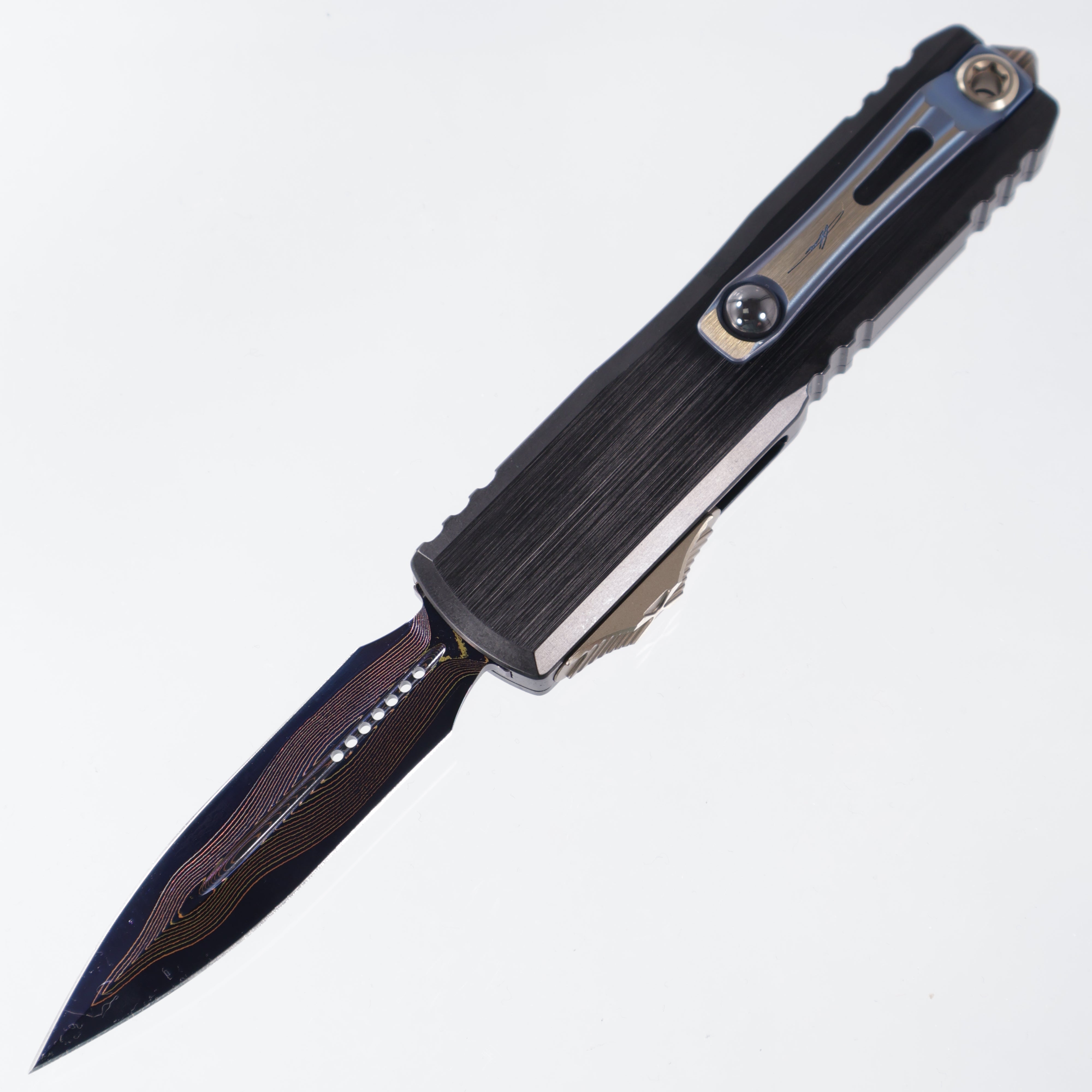 Microtech UTX-85 Gen 3 - Blued Baker Forge Damascus & Hefted Black Handle- Blue Ti Accents & Bronzed Hardware - Marfione Select - Gen III 1232-16MS2