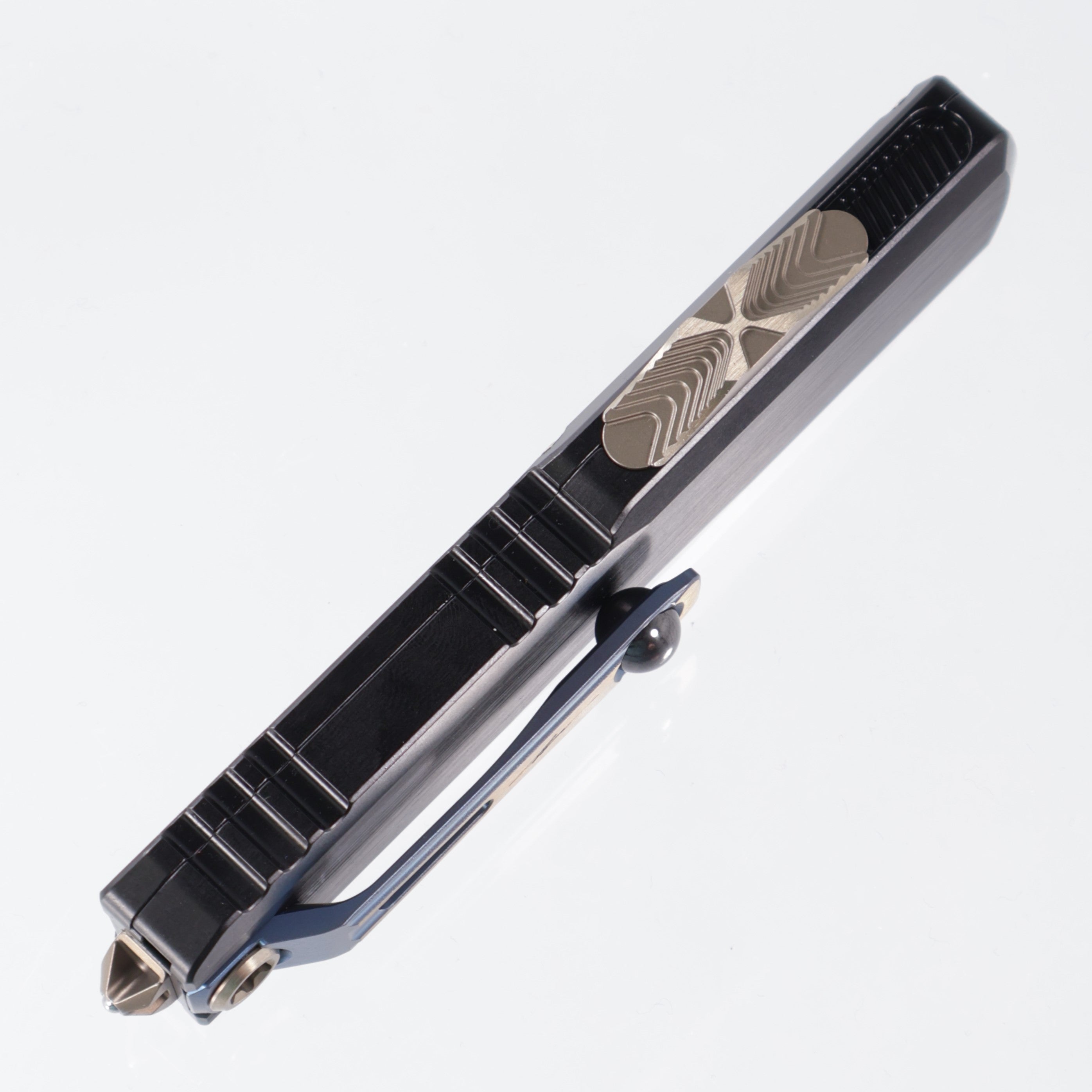 Microtech UTX-85 Gen 3 - Blued Baker Forge Damascus & Hefted Black Handle- Blue Ti Accents & Bronzed Hardware - Marfione Select - Gen III 1232-16MS2