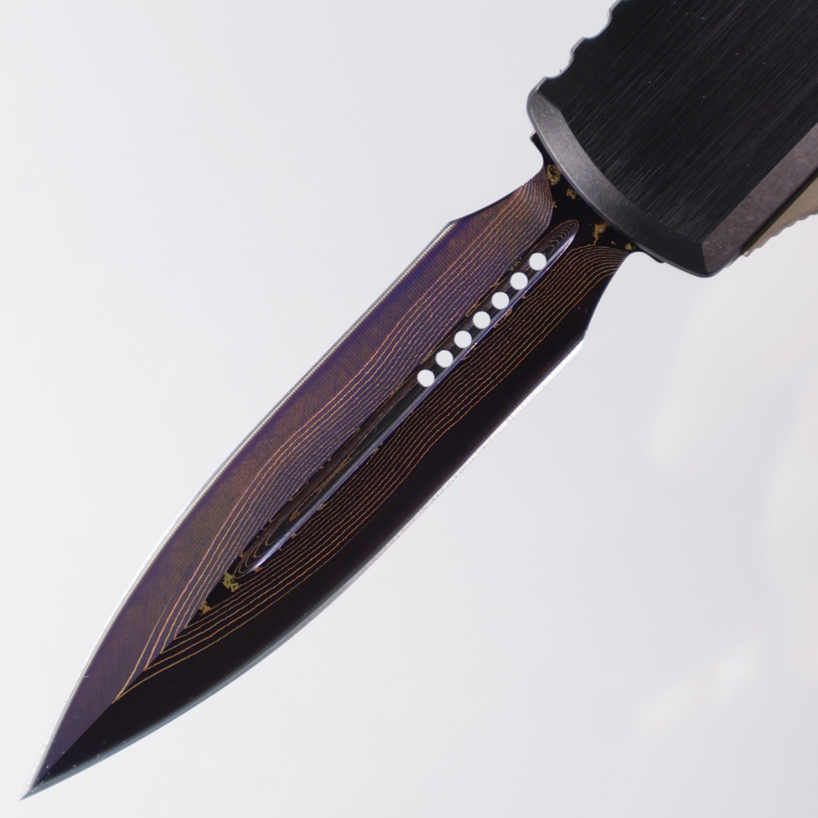 Microtech UTX-85 Gen 3 - Blued Baker Forge Damascus & Hefted Black Handle - Purple Ti Accents & Bronzed Hardware - Marfione Select - Gen III 1232-16MS3