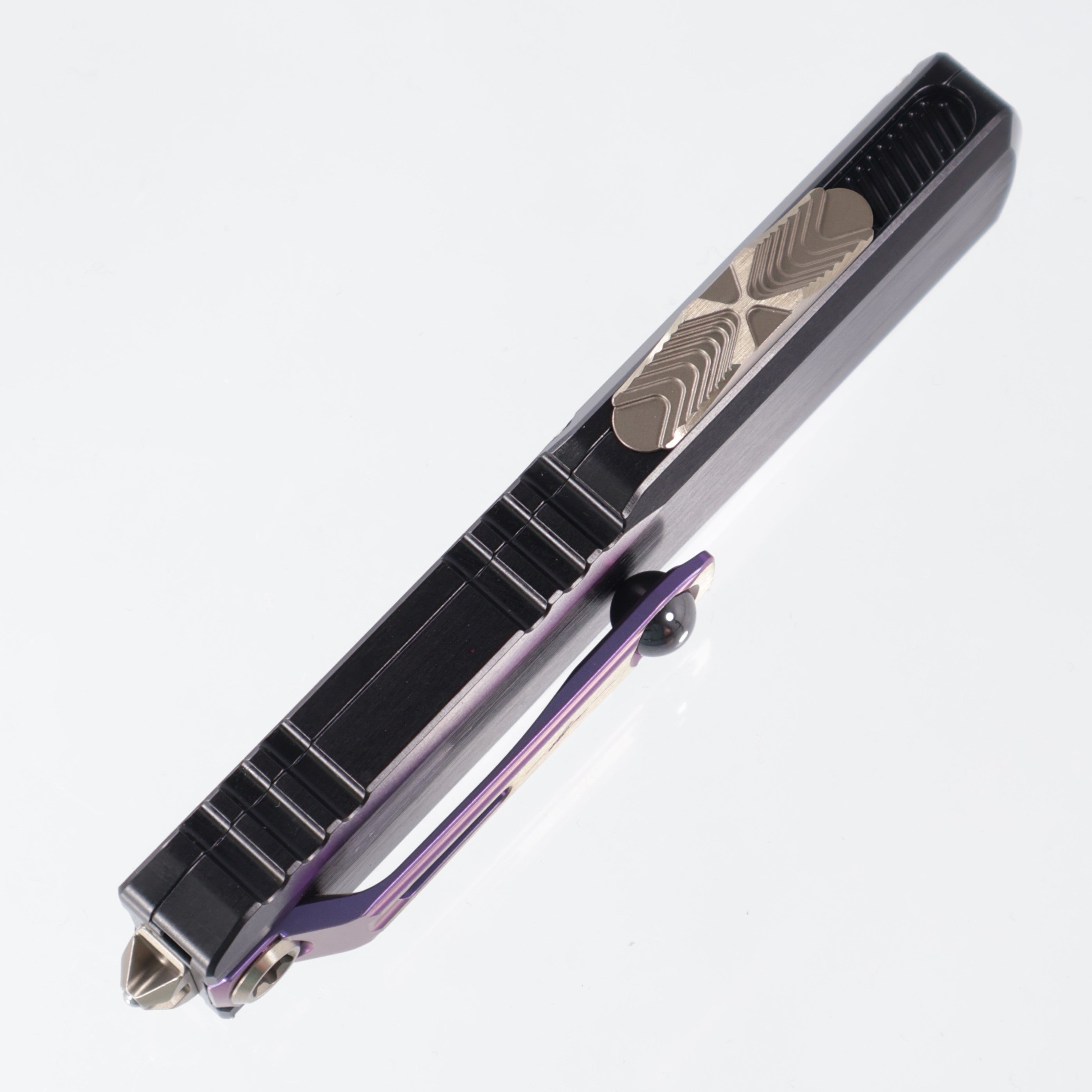 Microtech UTX-85 Gen 3 - Blued Baker Forge Damascus & Hefted Black Handle - Purple Ti Accents & Bronzed Hardware - Marfione Select - Gen III 1232-16MS3