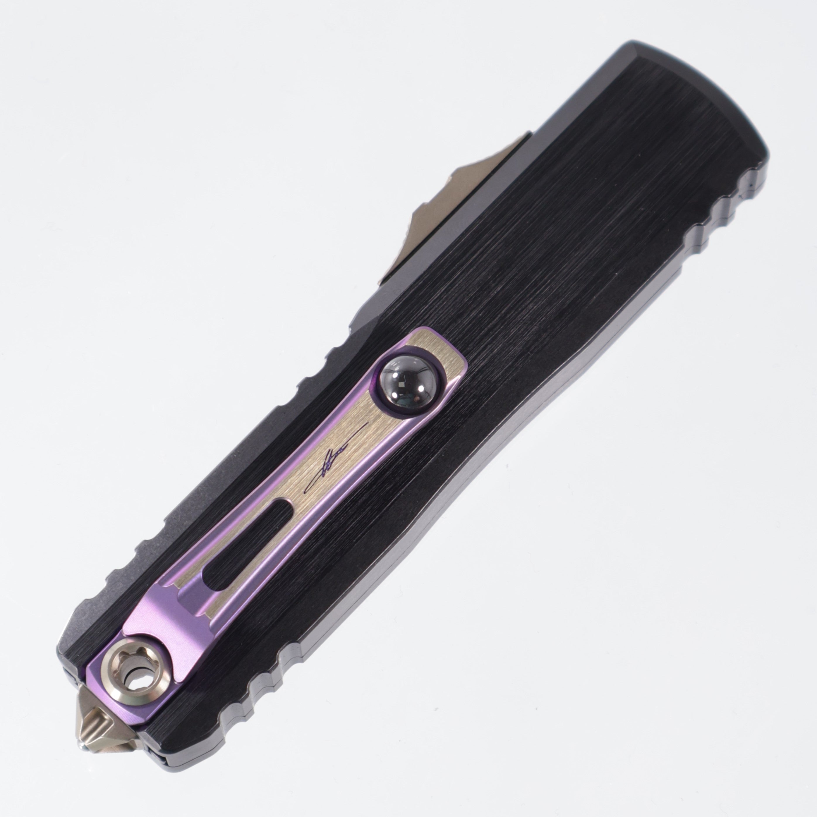 Microtech UTX-85 Gen 3 - Blued Baker Forge Damascus & Hefted Black Handle - Purple Ti Accents & Bronzed Hardware - Marfione Select - Gen III 1232-16MS3