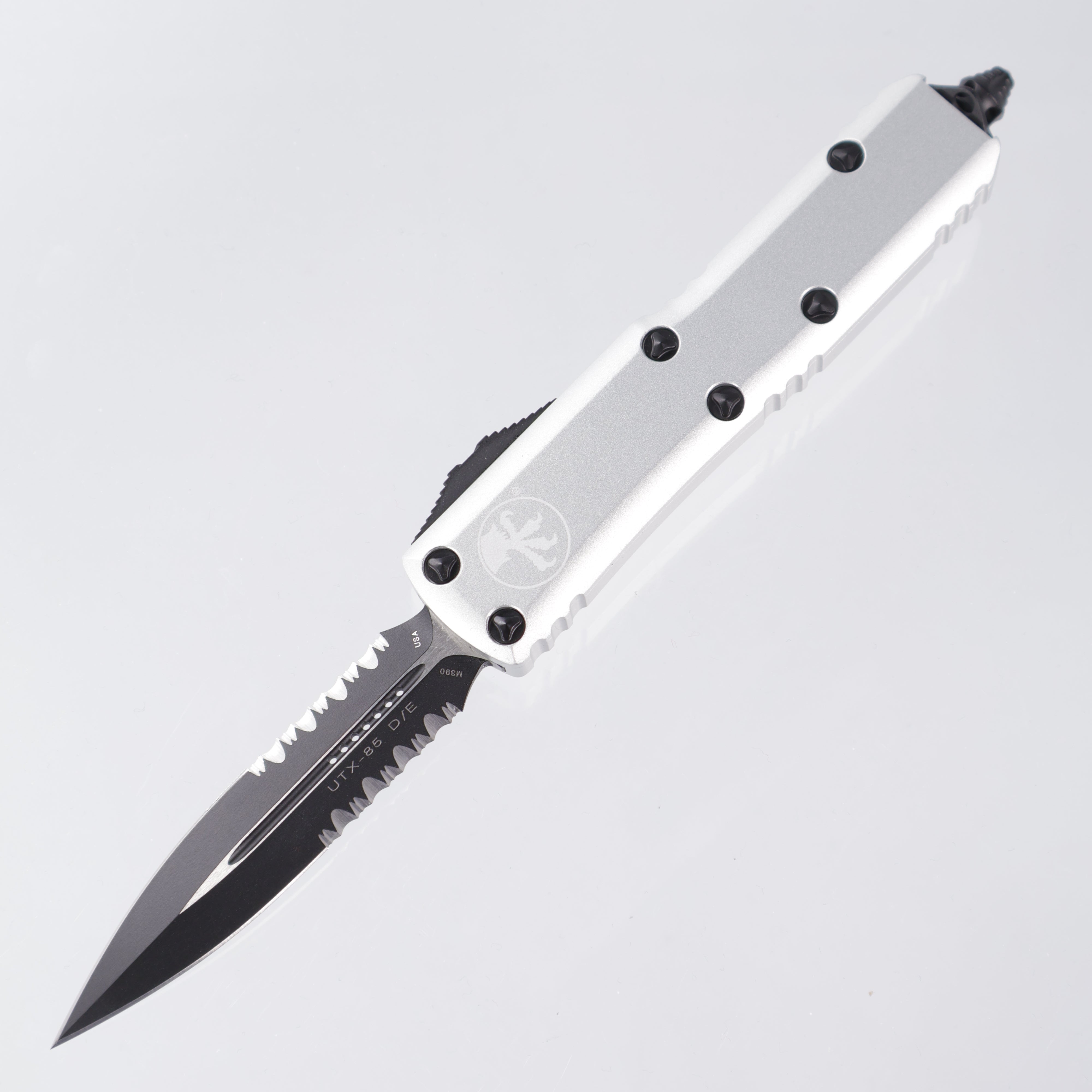 Microtech UTX-85 - Clear Aluminum Handle - Black Double Edge, Partial Serrate M390 - 232-2 CR