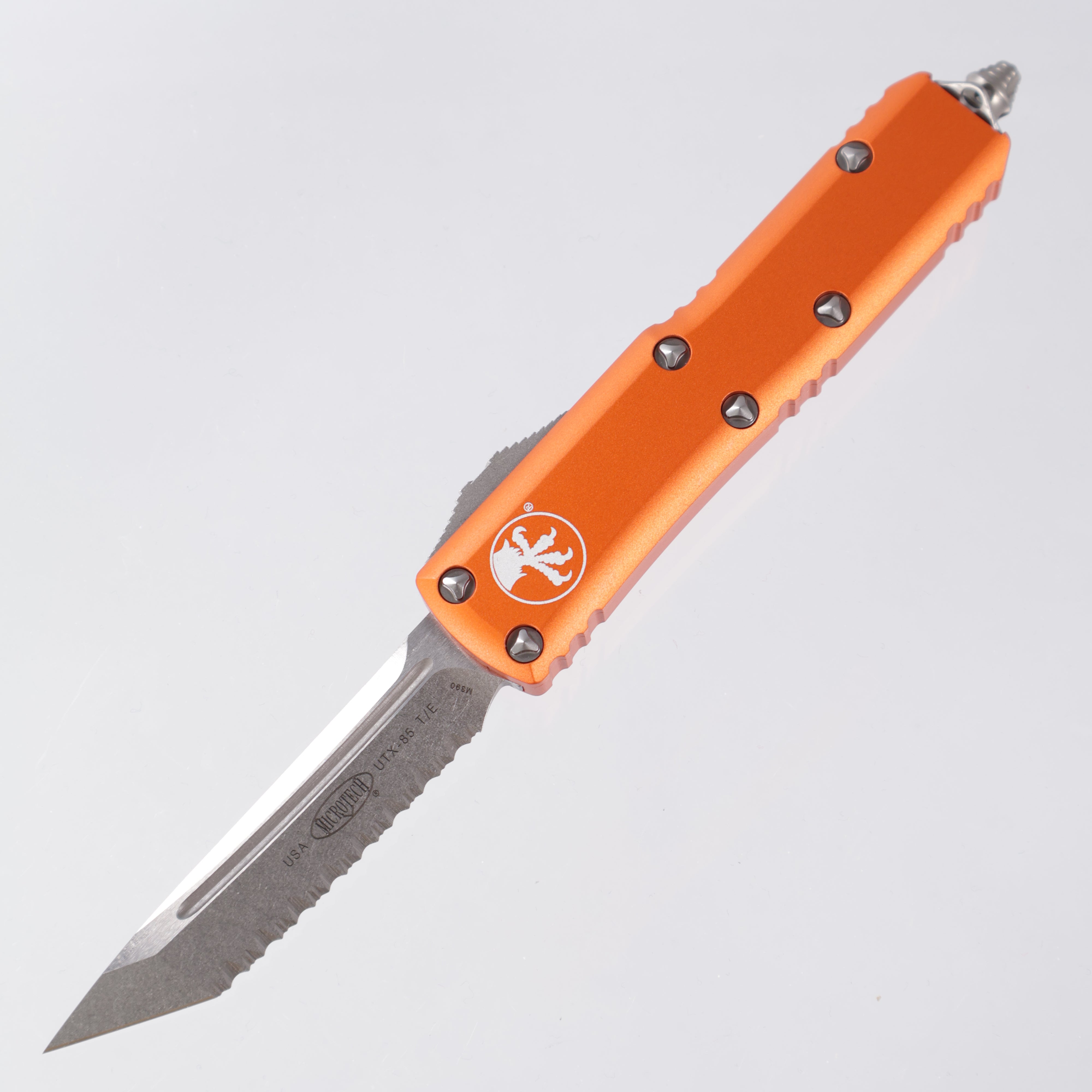 Microtech UTX-85 - Tanto Stonewash Full Serrated M390 - Orange Aluminum - 233-12 OR