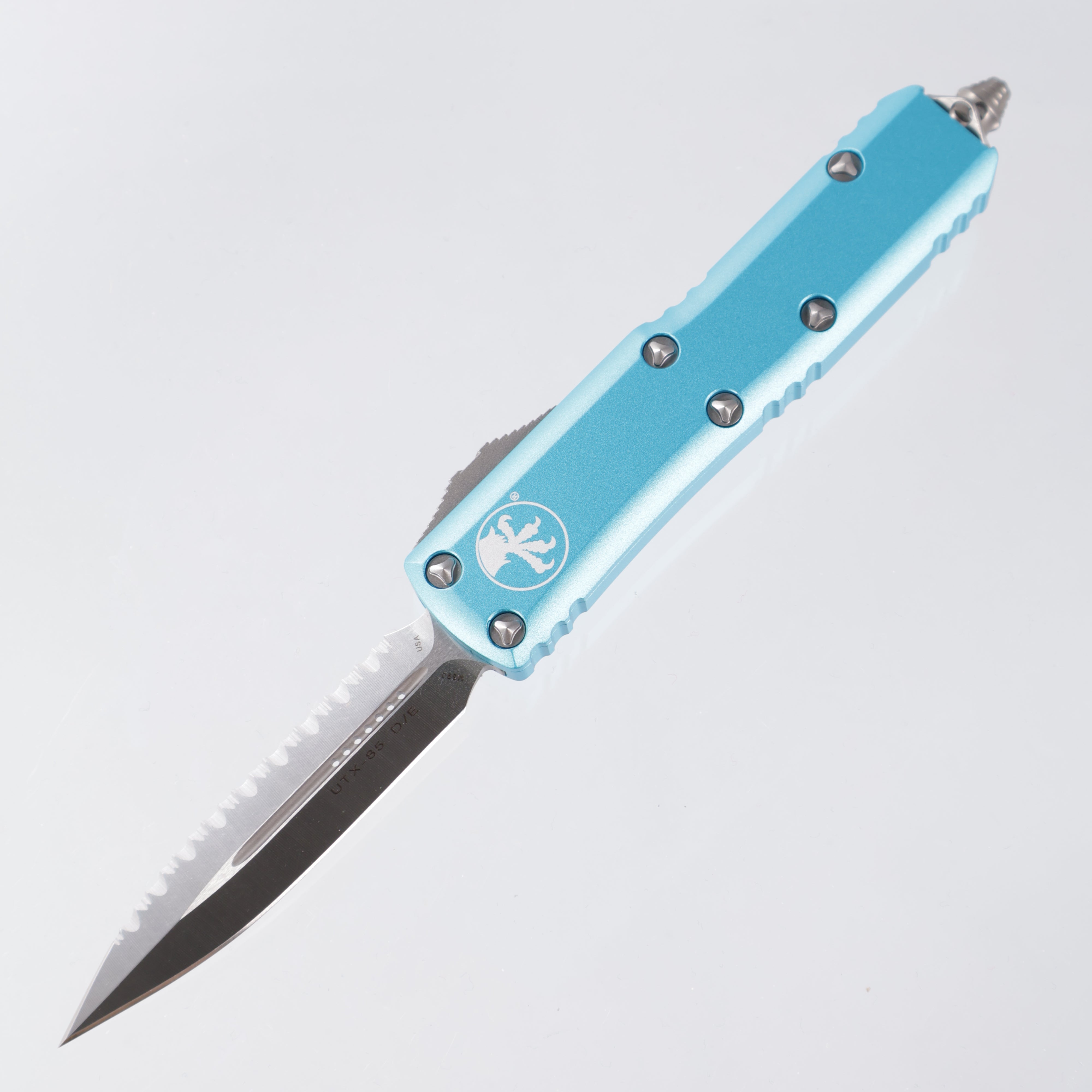 Microtech UTX-85 - Turquoise Aluminum - Satin Double Edge, Full Serrated M390 - 232-6 TQ