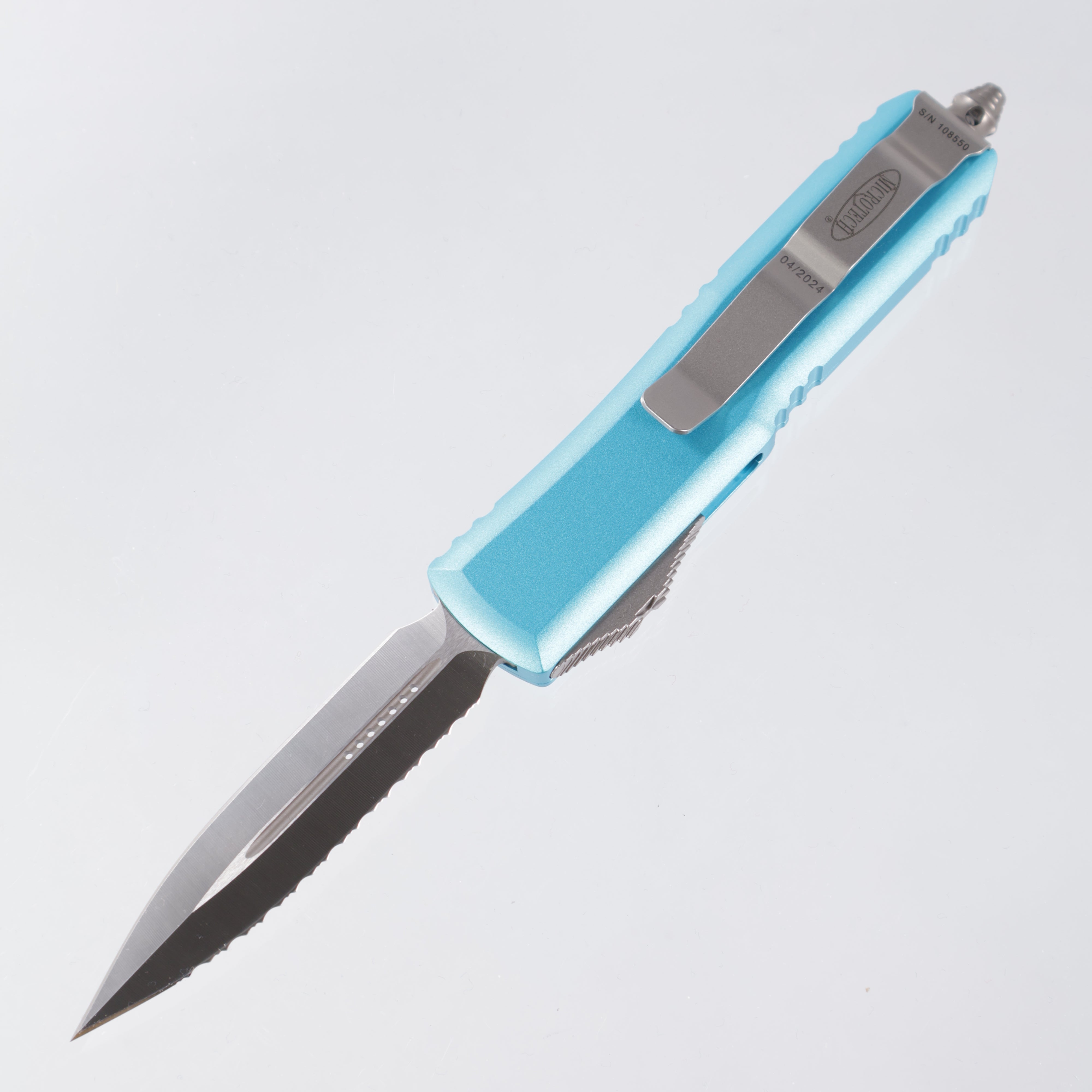 Microtech UTX-85 - Turquoise Aluminum - Satin Double Edge, Full Serrated M390 - 232-6 TQ