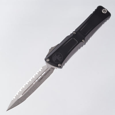 Microtech Combat Troodon Gen 3 - Double Edge Full Serrate, Stonewash M390MK - Black Aluminum - Gen III 1142-12