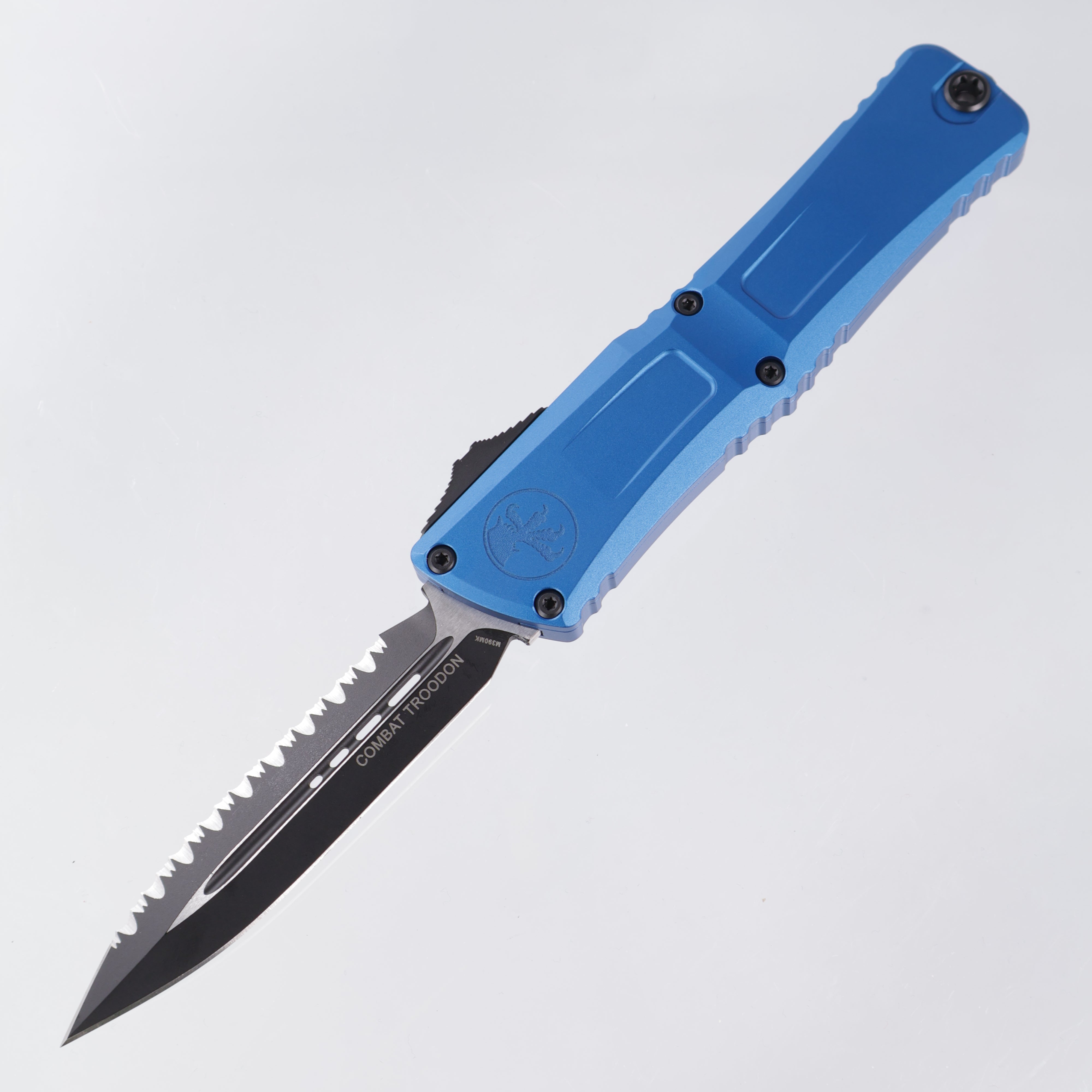 Microtech Combat Troodon Gen 3 - Black Double Edge, Full Serrated M390MK - Blue Aluminum - Gen III 1142-3 BL