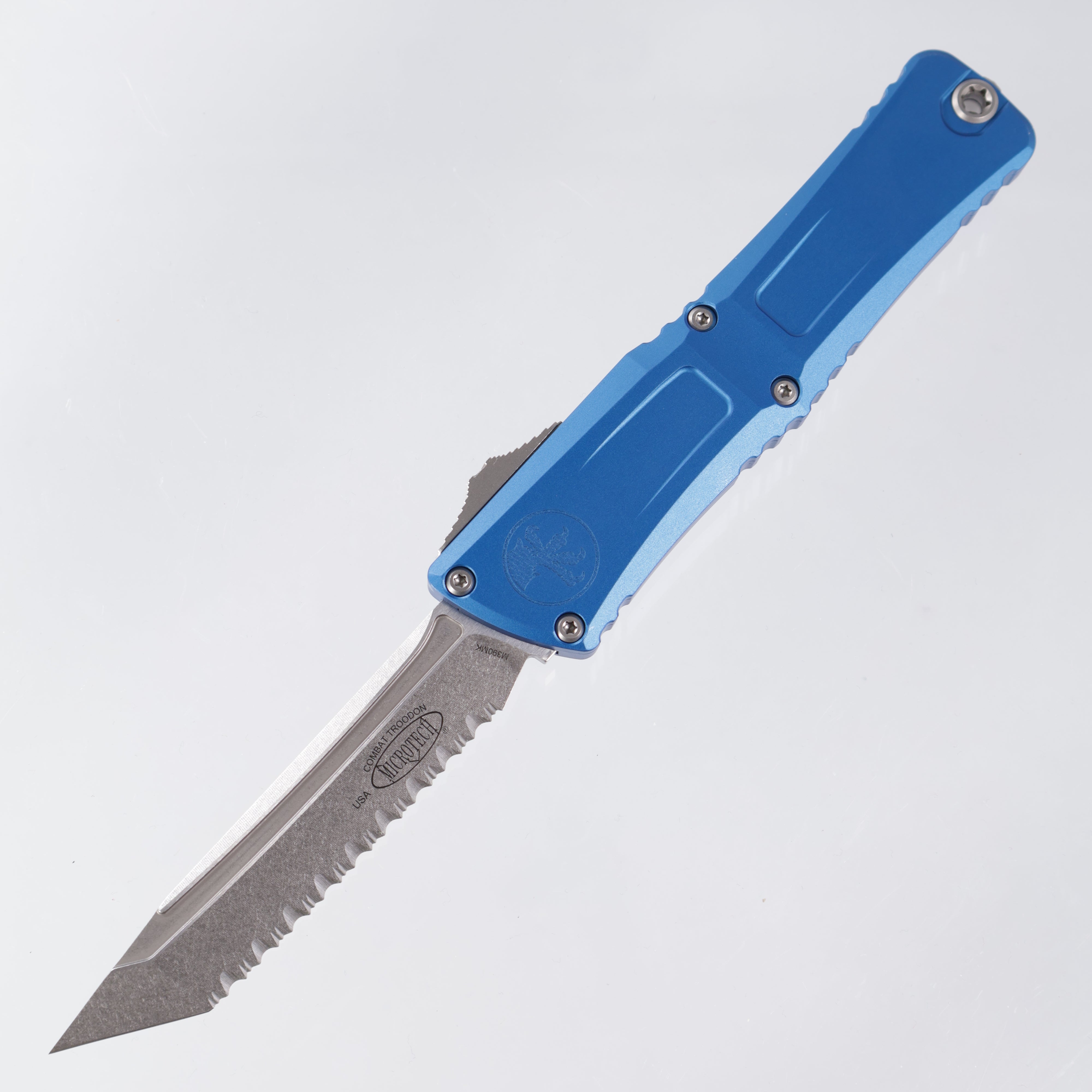 Microtech Combat Troodon Gen 3 - Tanto Stonewash, Full Serrate M390MK - Blue Aluminum - Gen III 1144-12 BL