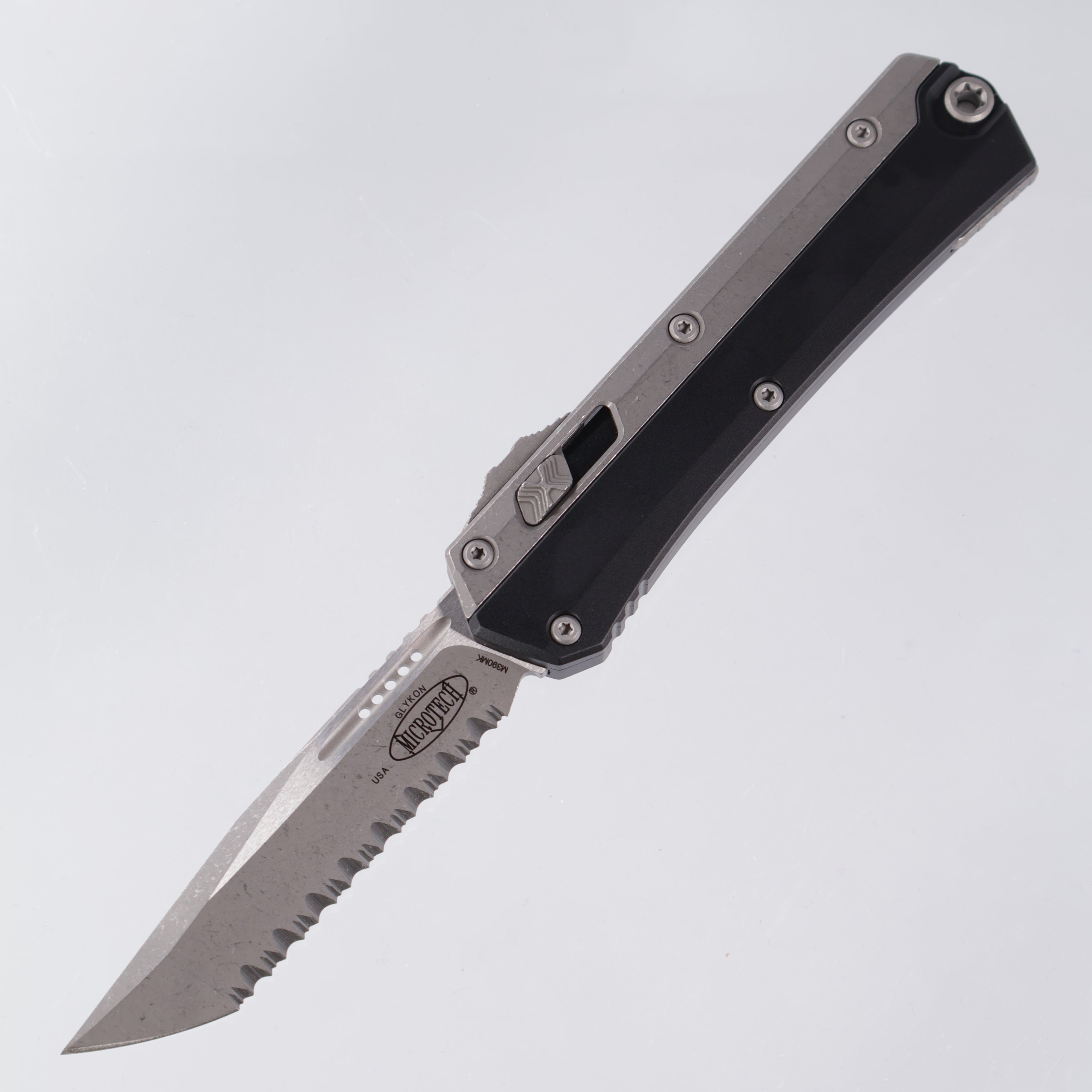 Microtech Glykon - Tanto Apocalyptic, Full Serrate M390 - Black Aluminum w/ Titanium Overlay - Nickel Boron Internals - 185-12 AP