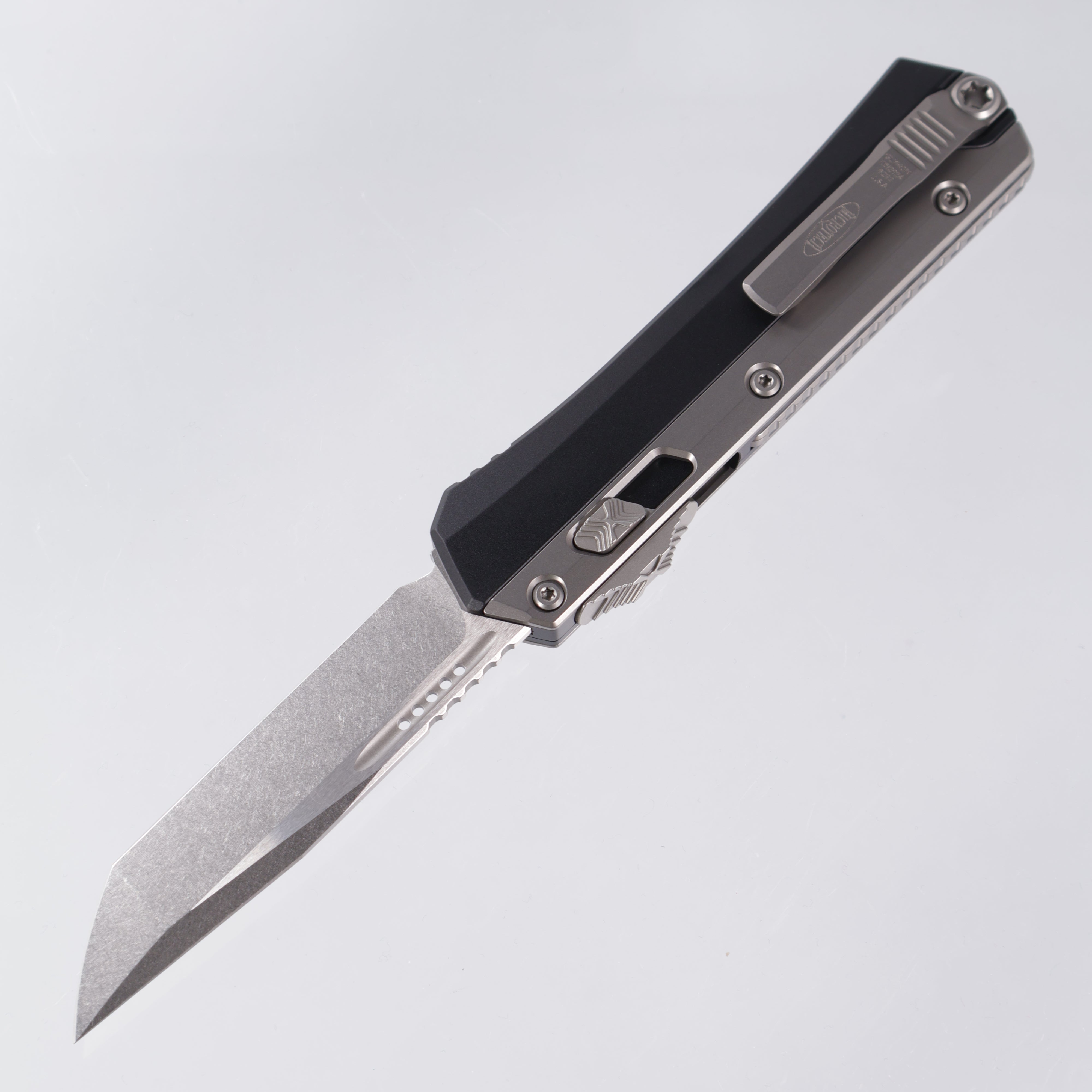 Microtech Glykon - Tanto Stonewash M390 - Black Aluminum w/ Titanium Overlay - Nickel Boron Internals - 185-10