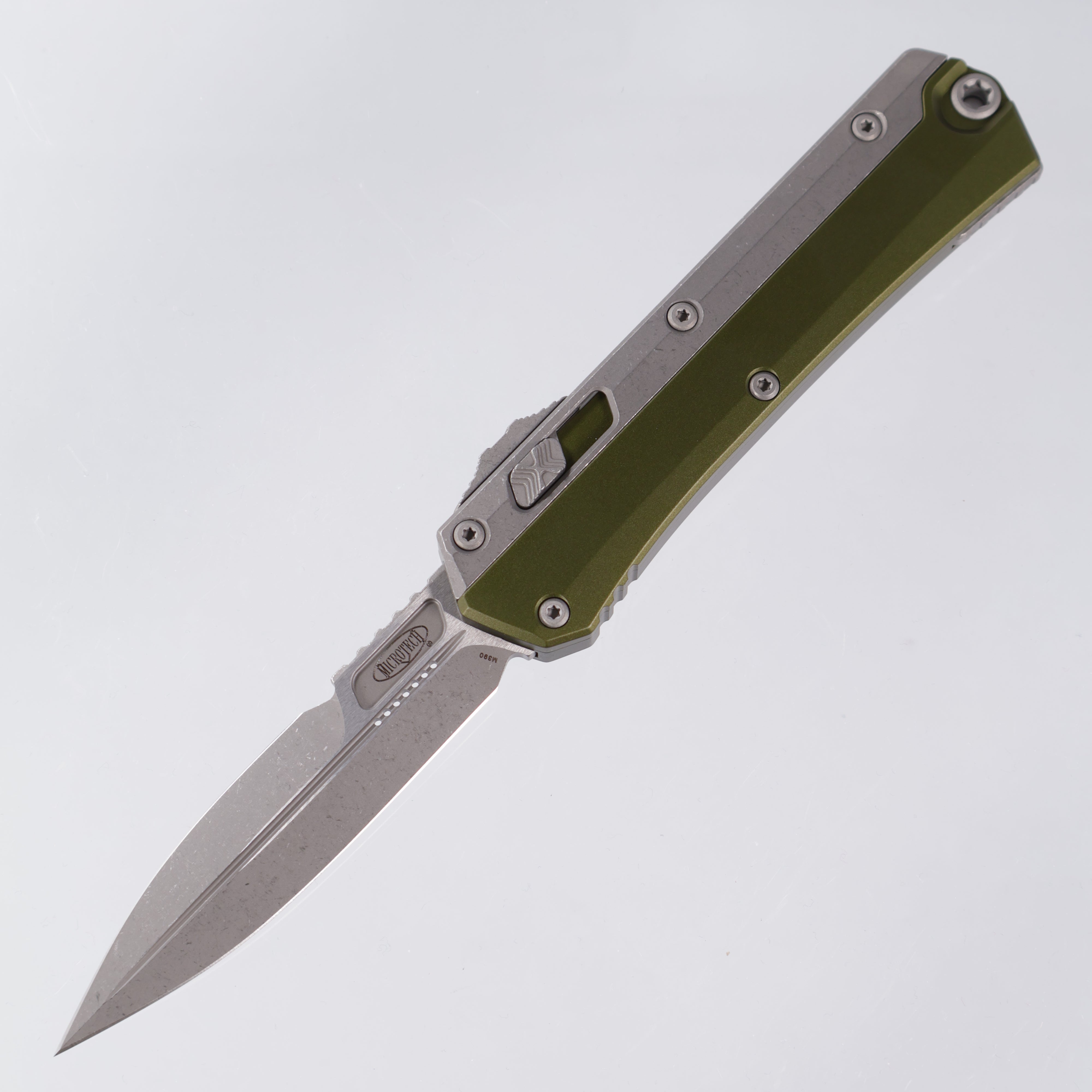 Microtech Glykon - Bayonet, Apocalyptic Standard M390 - OD Green Aluminum w/ Titanium Overlay - Nickel Boron Internals - 184-10 APOD
