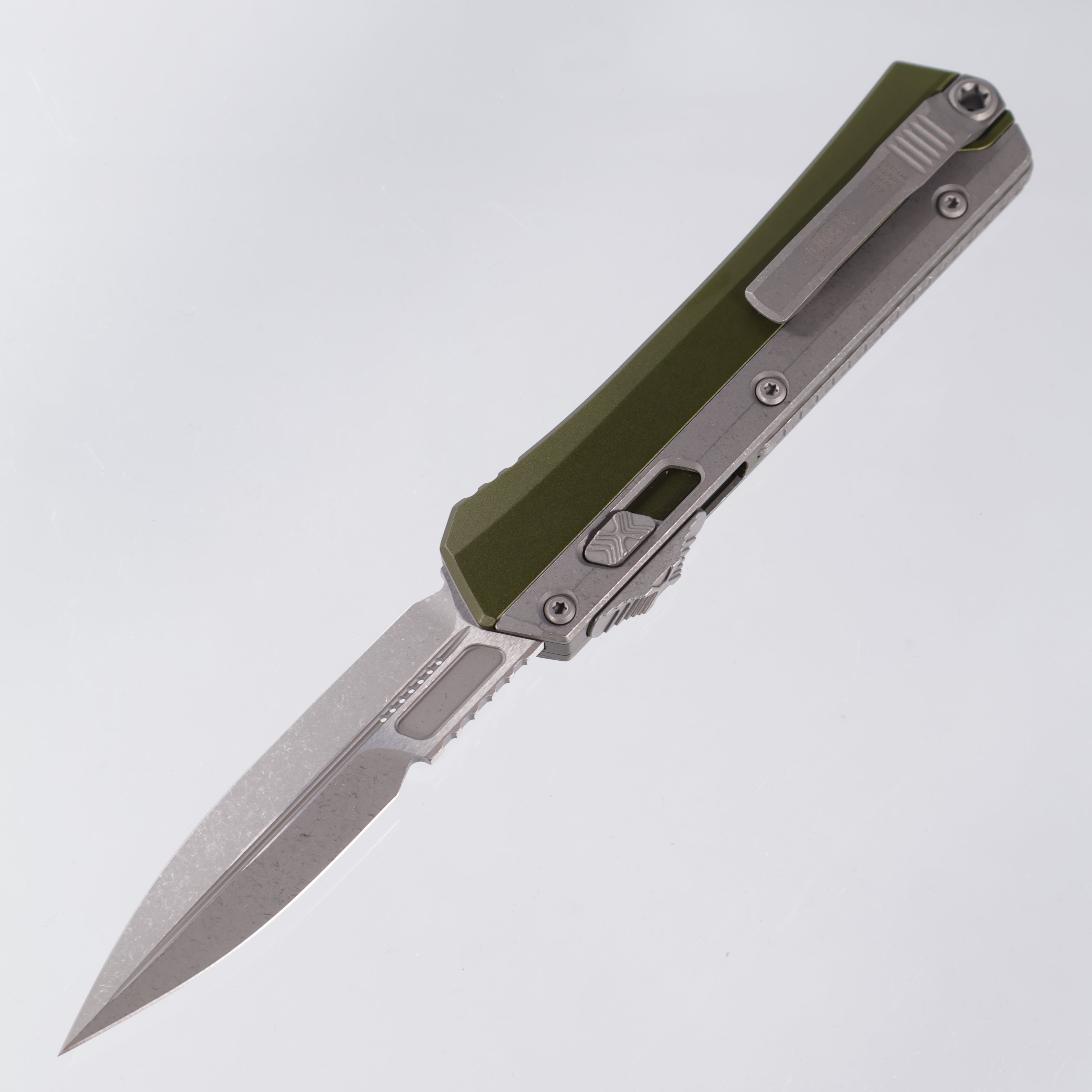 Microtech Glykon - Bayonet, Apocalyptic Standard M390 - OD Green Aluminum w/ Titanium Overlay - Nickel Boron Internals - 184-10 APOD