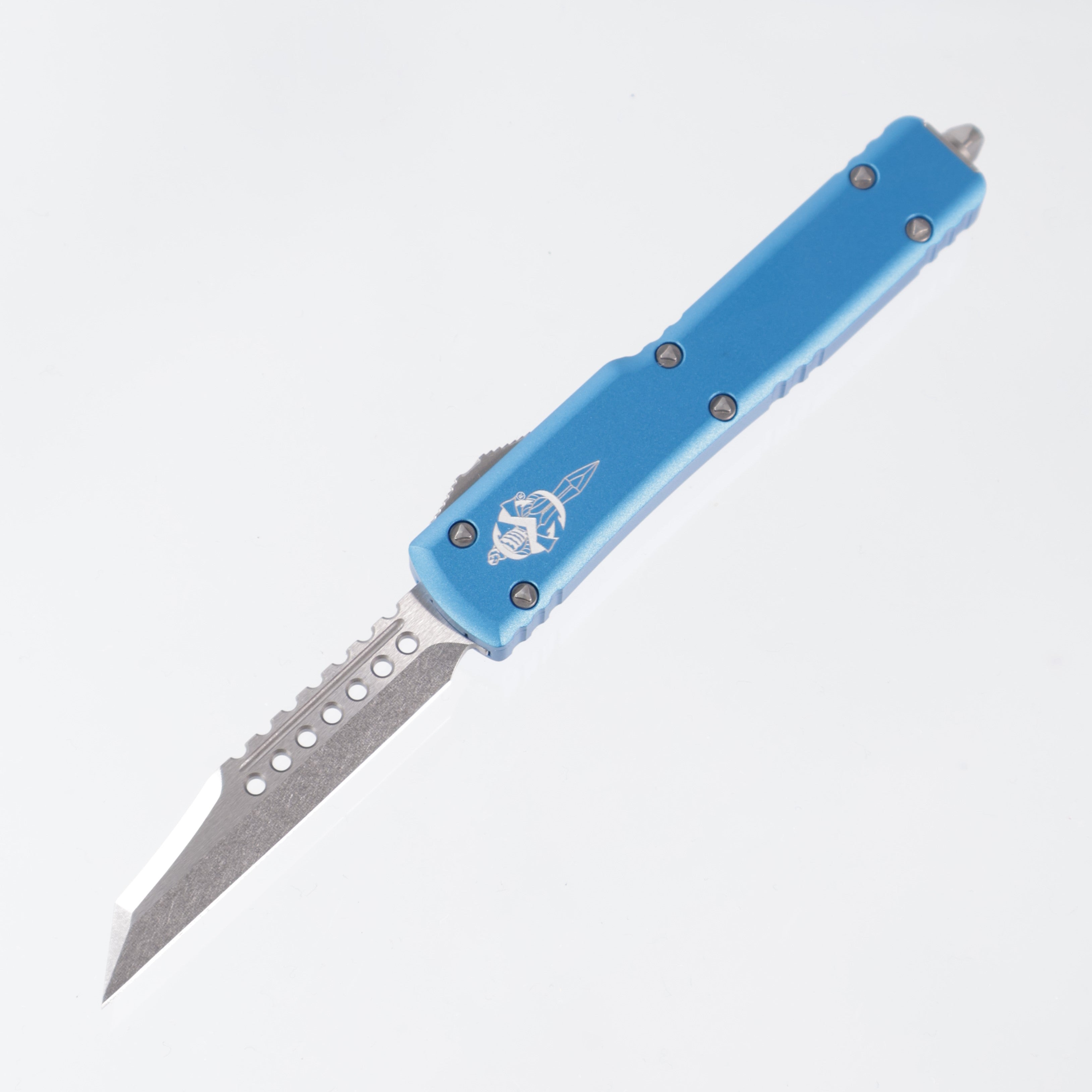 Microtech UTX-70 - Warhound Stonewash - Blue Aluminum Body - 419W-10 BLS