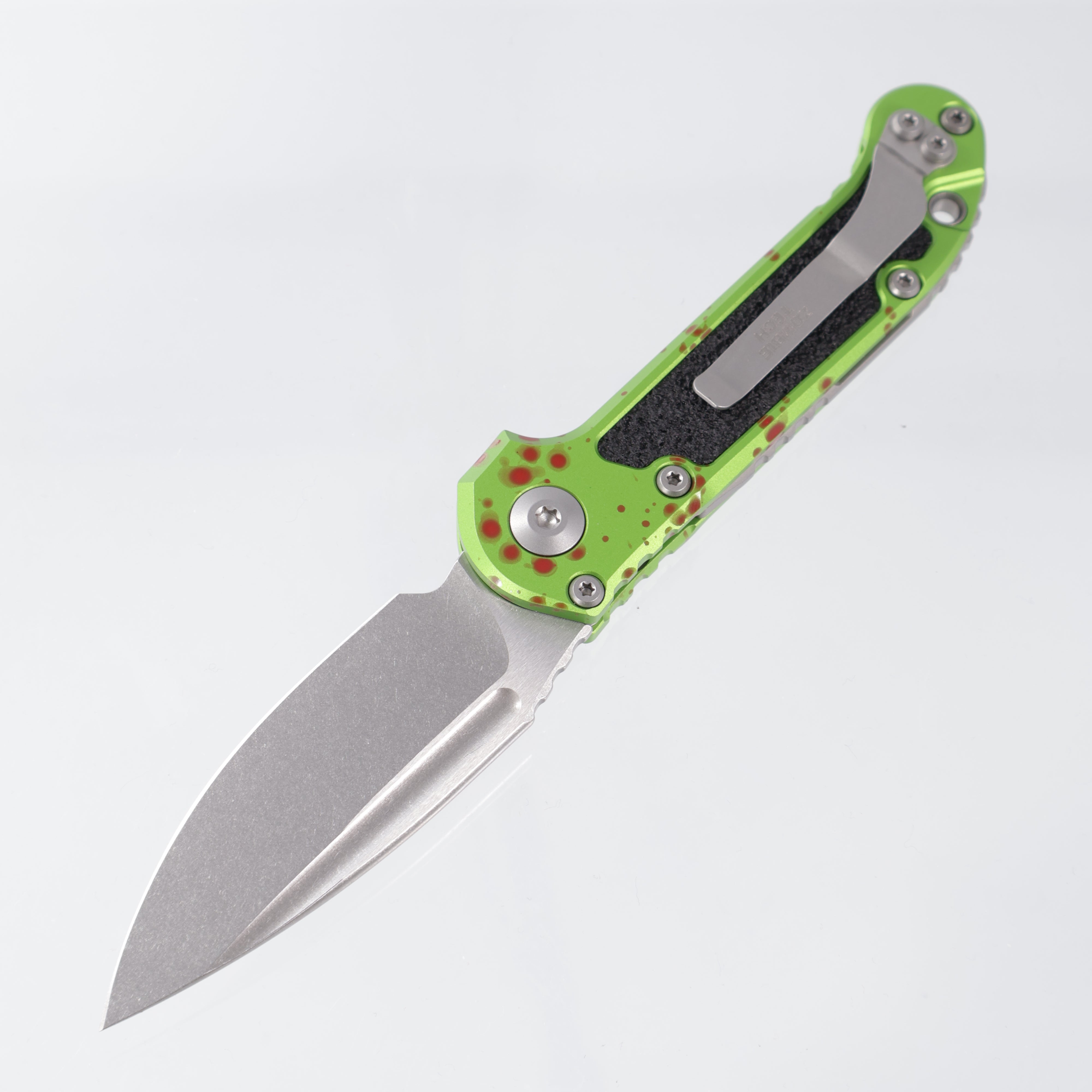 Microtech LUDT Gen 3 Single Edge Zombie-Tech - Green Aluminum w/ Blood Splatter - Stonewash M390MK - 1135-10 Z