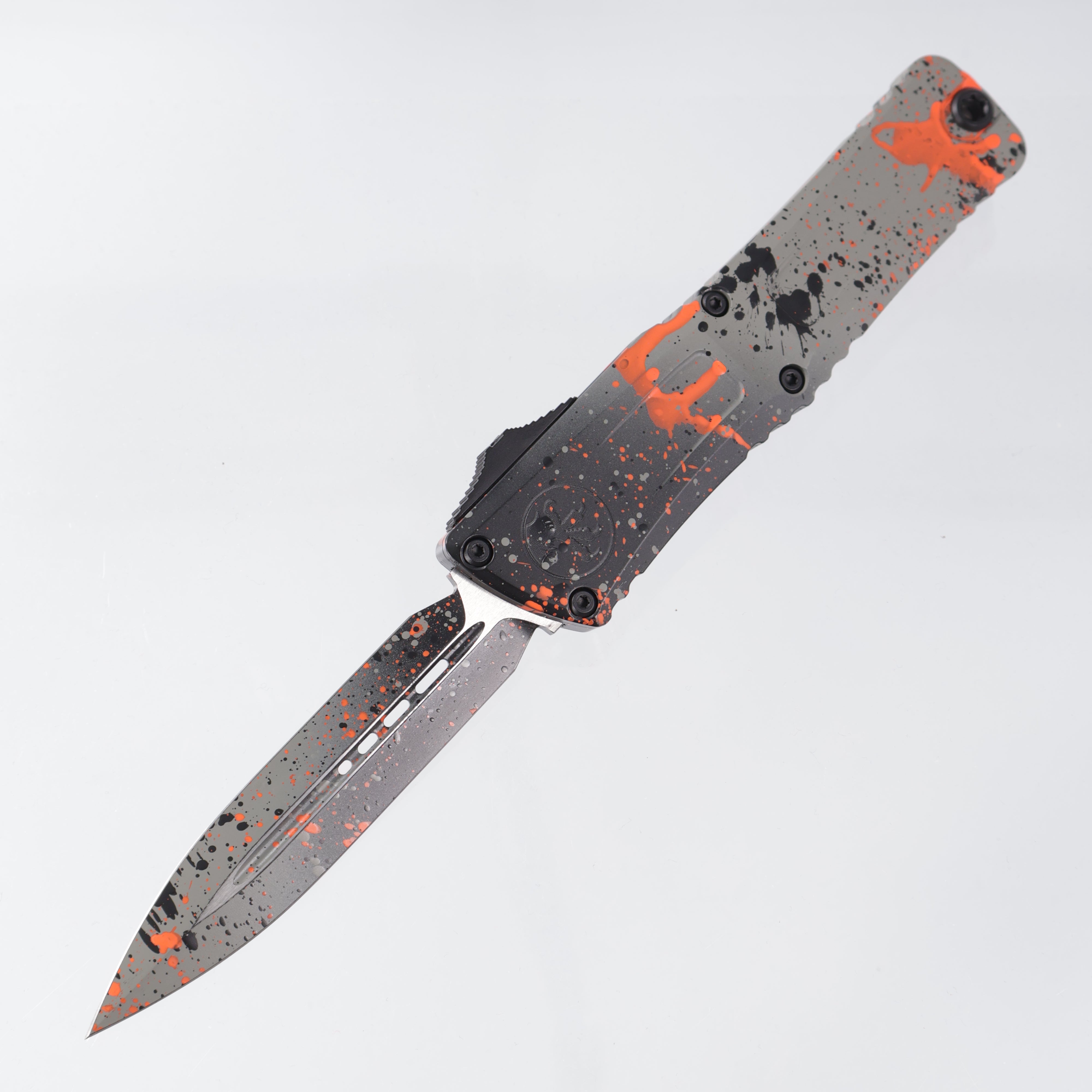 Microtech Combat Troodon Gen III Double Edge Signature Series - Bull Shark Gray/Black Aluminum w/ Orange Splatter - M390MK Cerakote Blade - 1142-1 BGBK ORSPLS