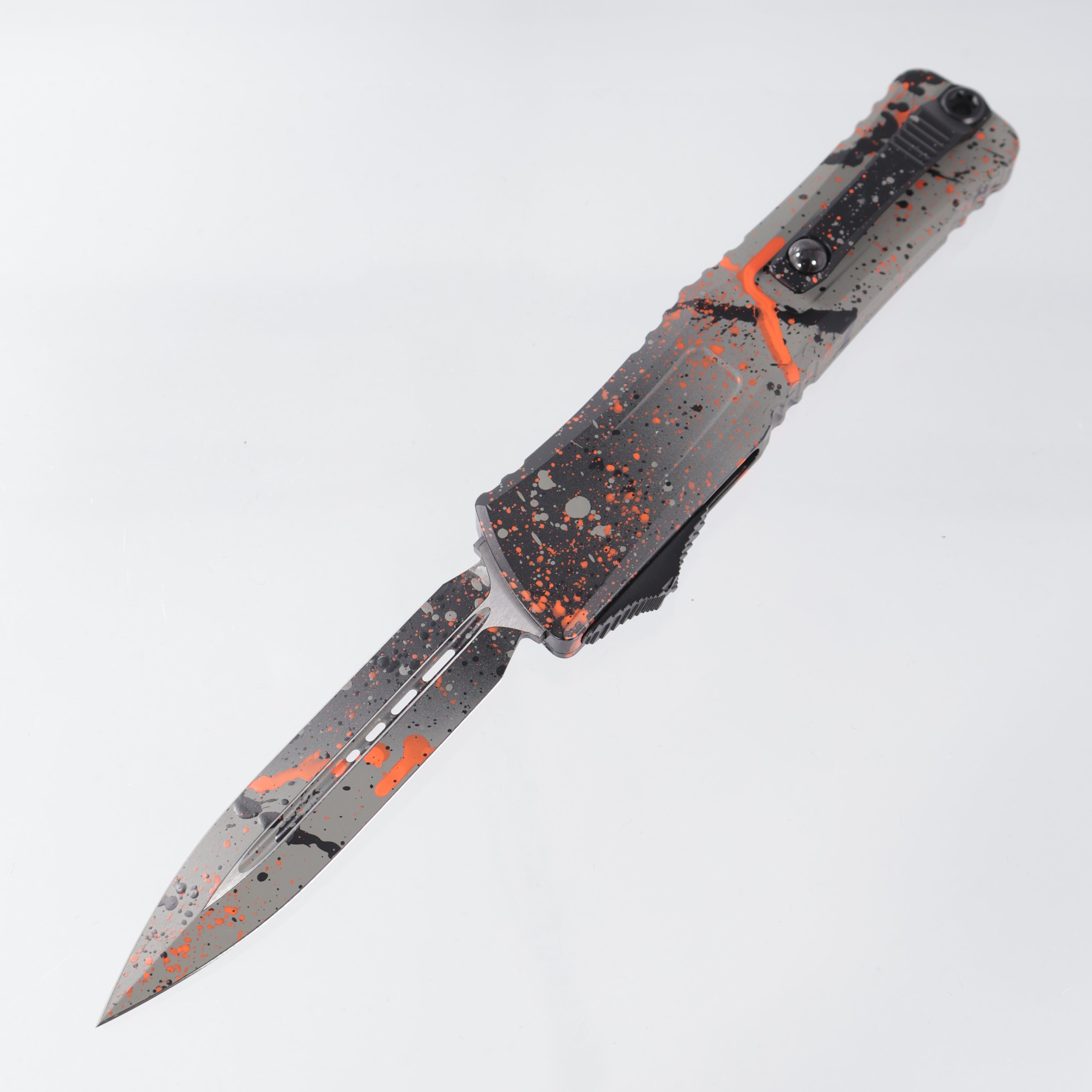 Microtech Combat Troodon Gen III Double Edge Signature Series - Bull Shark Gray/Black Aluminum w/ Orange Splatter - M390MK Cerakote Blade - 1142-1 BGBK ORSPLS